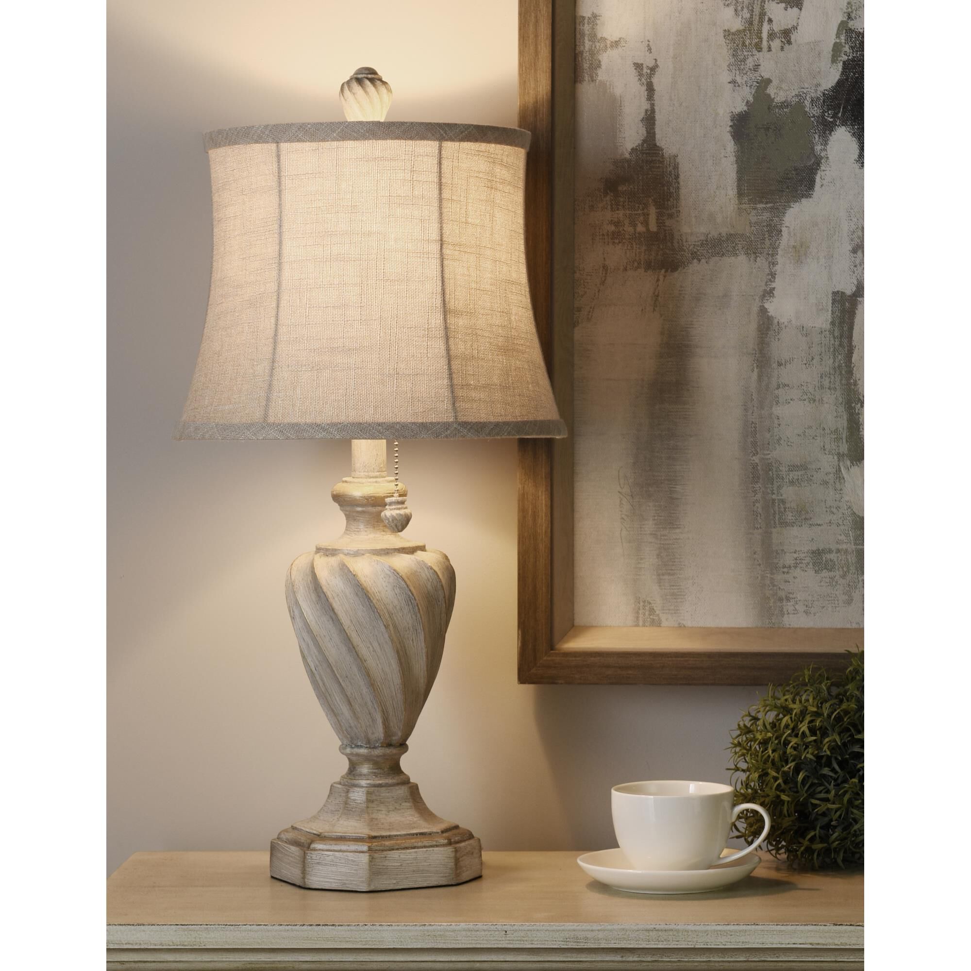 Shown in Antique White finish and Beige Softback Fabric shade