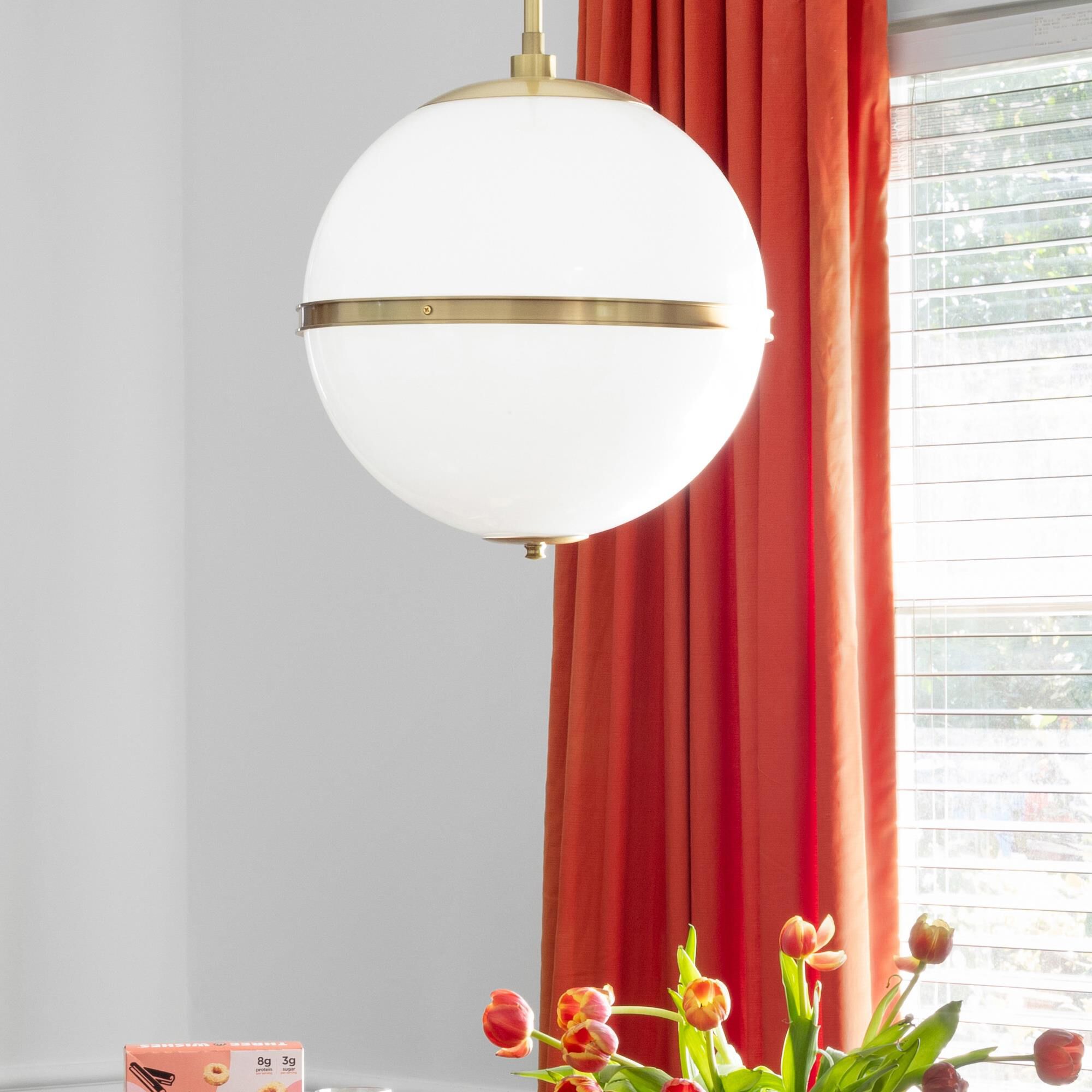 Shown in Aged Brass finish and Glass glass and White shade