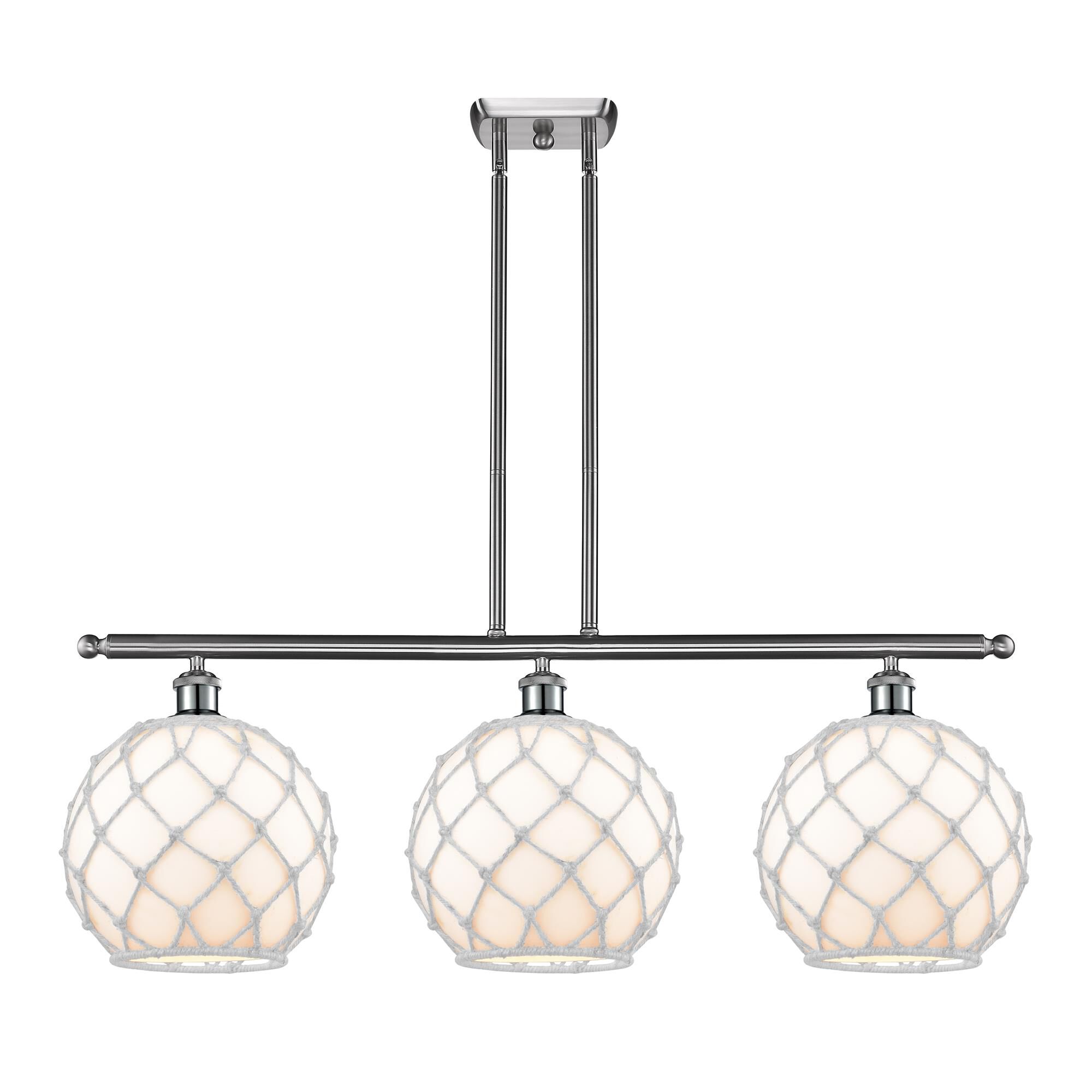 Shown in Brushed Satin Nickel finish and Sphere glass and Glass And Rope shade