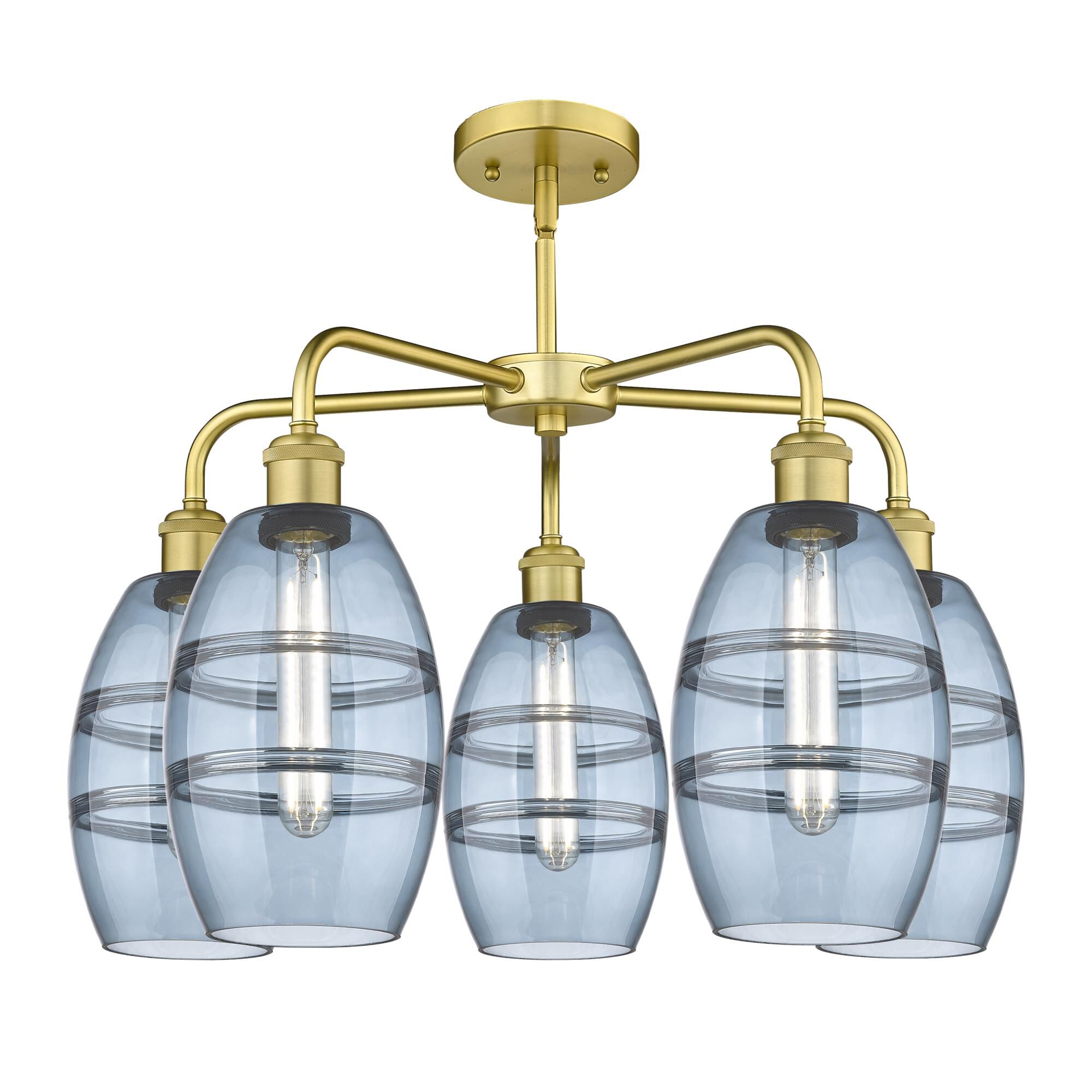 Shown in Satin Gold finish and Princess Blue glass