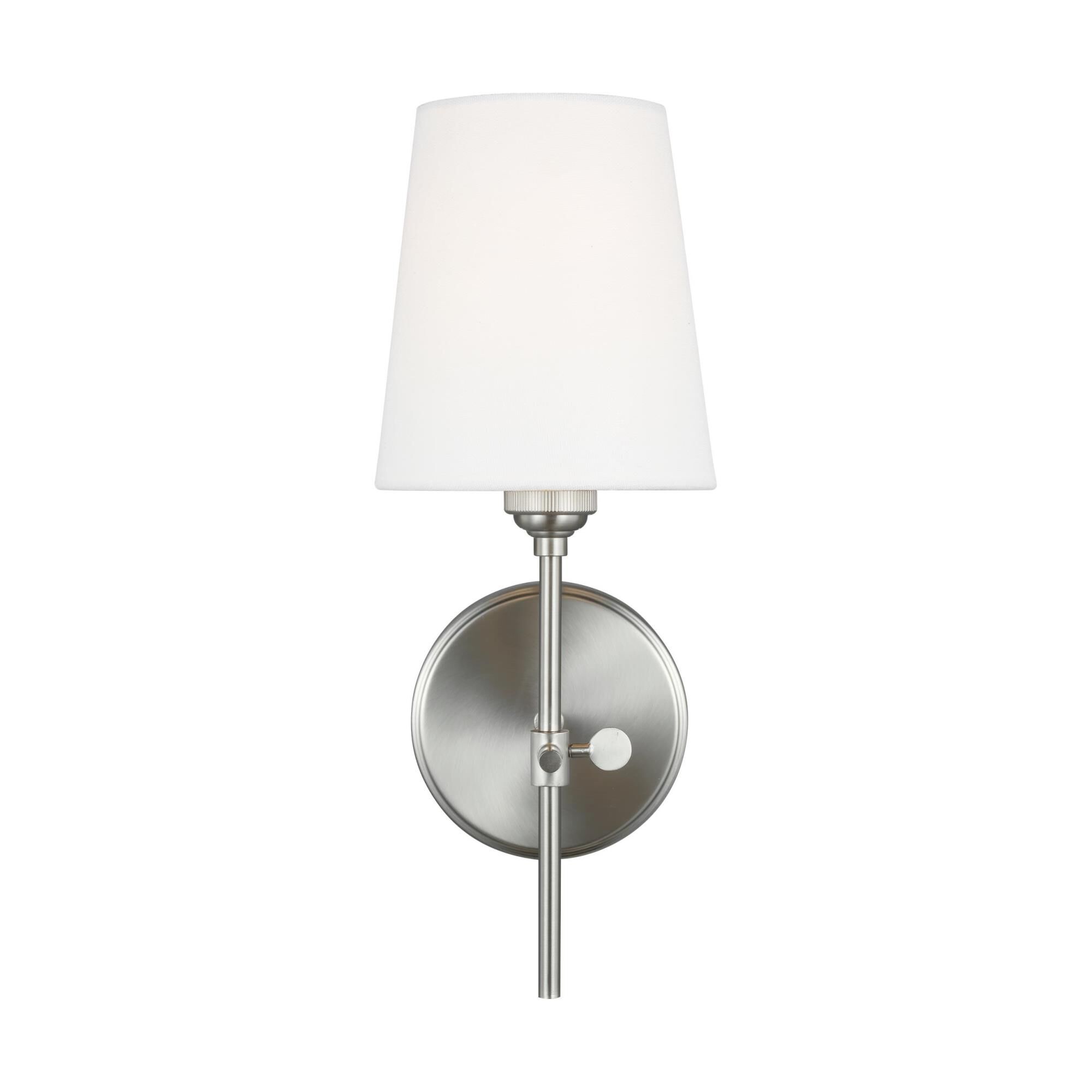 Shown in Brushed Nickel finish and White Linen Fabric shade