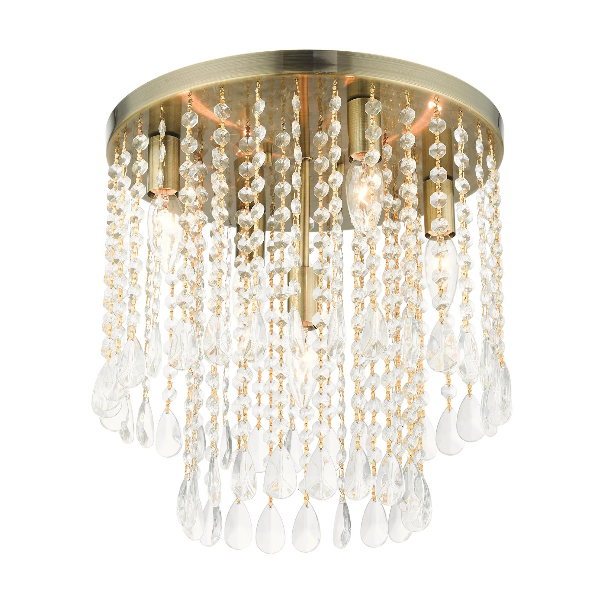 Shown in Antique Brass finish and Hand Assembled Crystal Shade glass