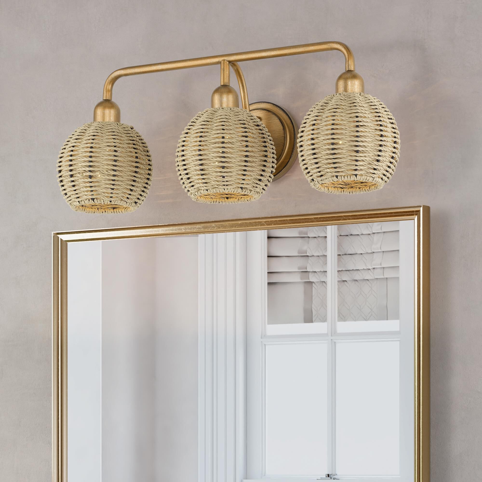 Shown in Antique Gold Leaf finish and Hand-Woven French Beige Paper Rope shade