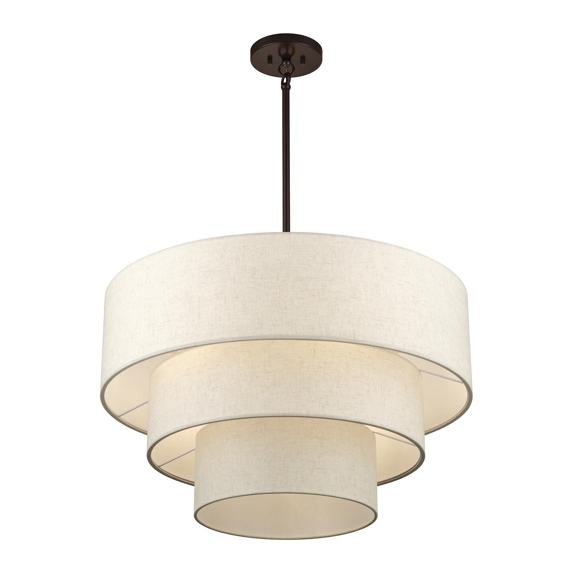 Shown in English Bronze finish and Hand Crafted Oatmeal Color Fabric with White Color Inside shade