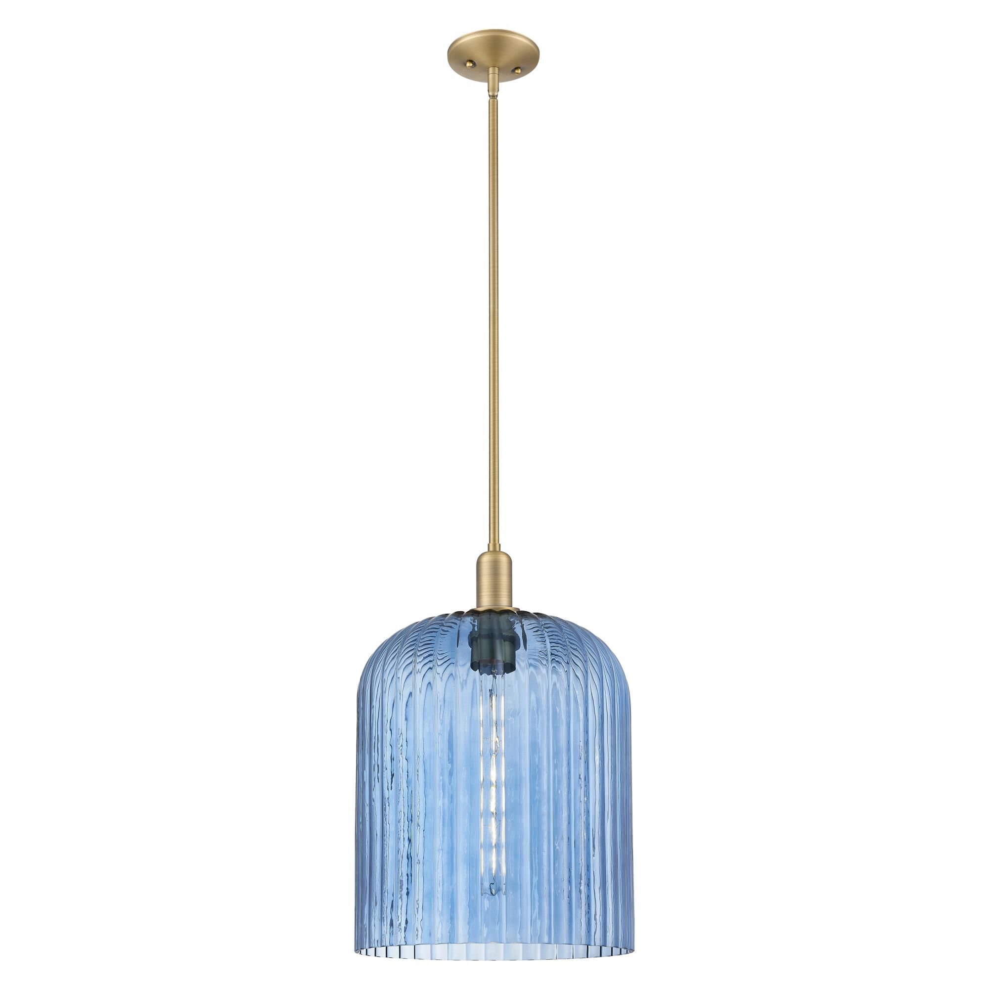 Shown in Brushed Brass finish and Blue glass