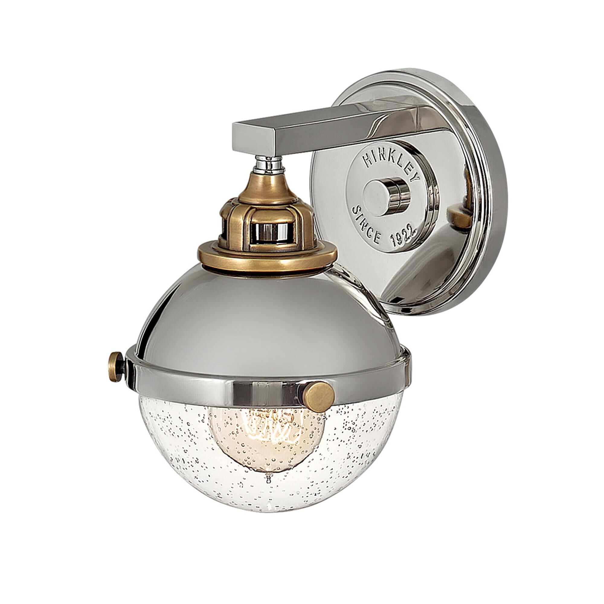 Shown in Polished Nickel finish and Clear Seedy glass and Heritage Brass accent
