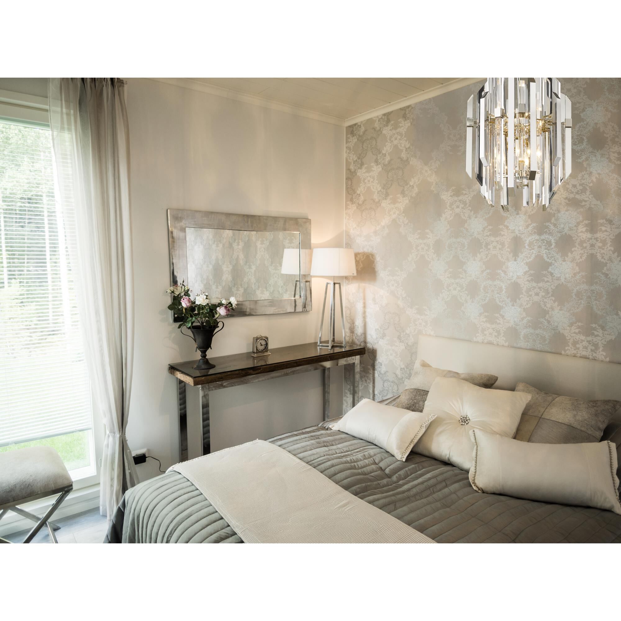 Shown in Polished Nickel finish and Crystal glass and Crystal shade