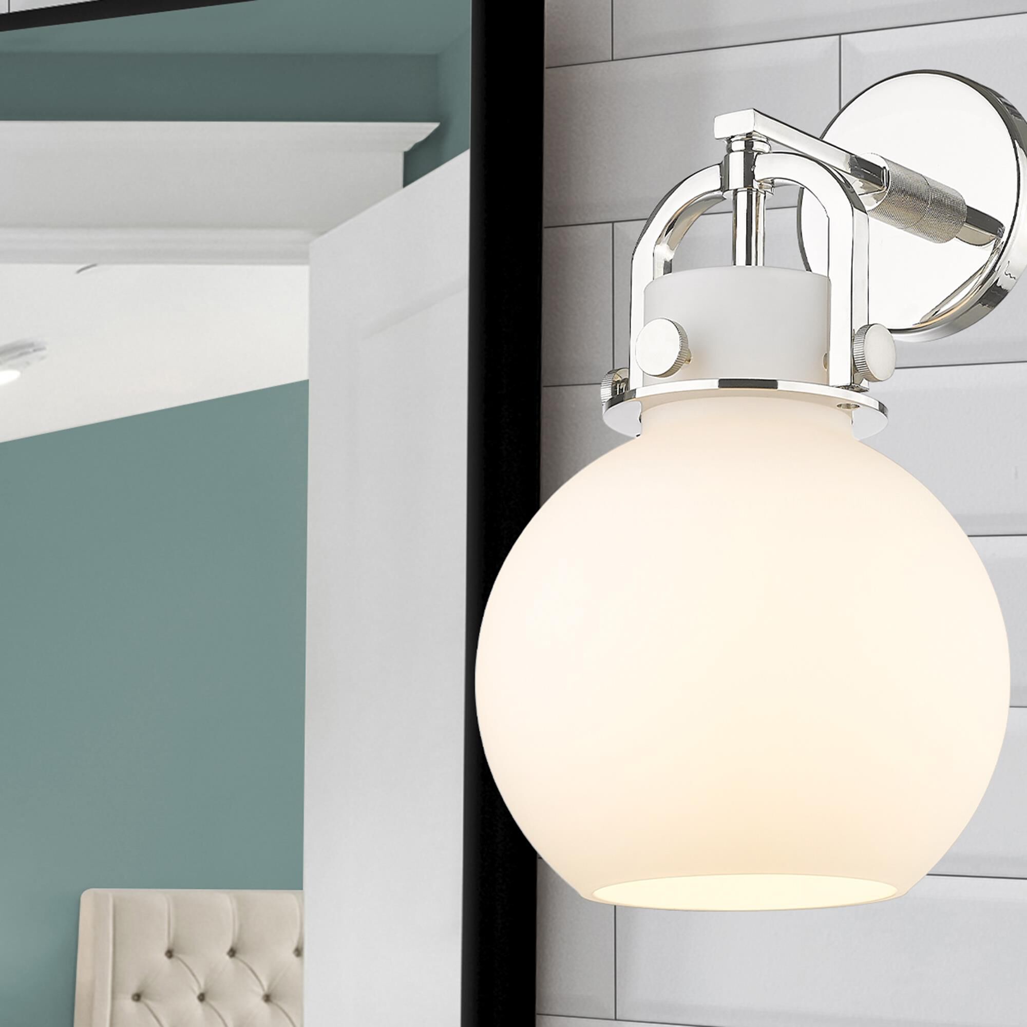 Shown in Polished Nickel finish and Matte White glass