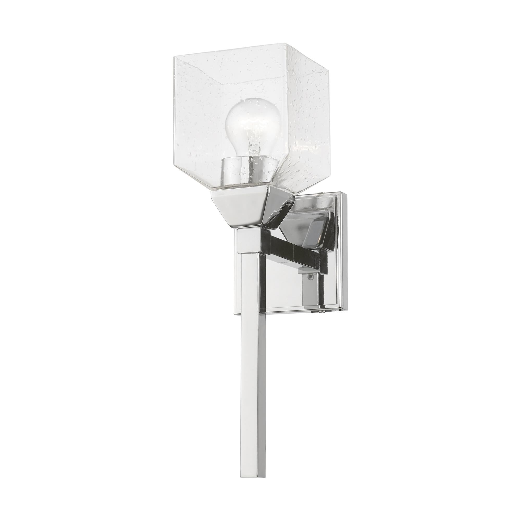 Shown in Polished Chrome finish and Hand Blown Clear Seeded glass