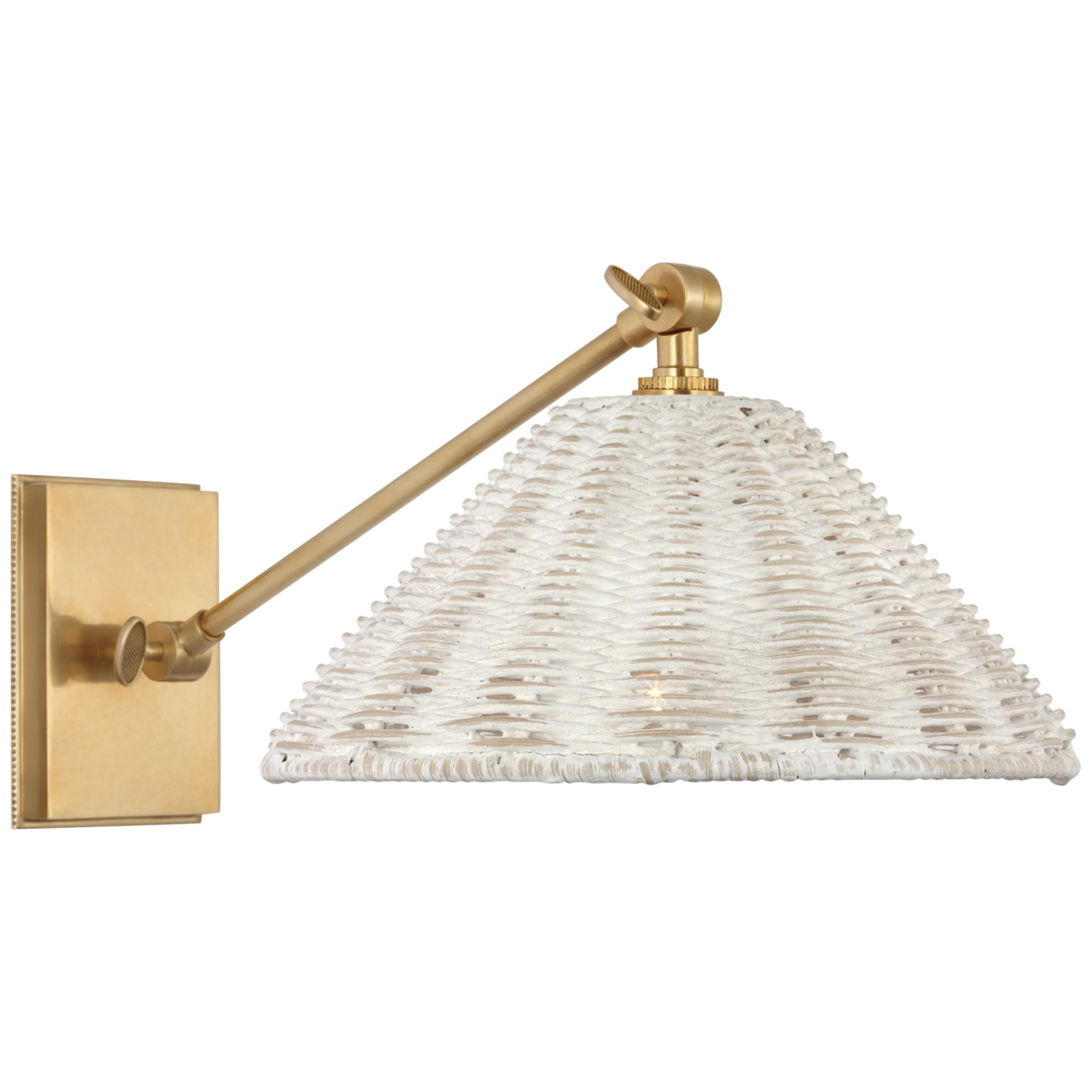 Shown in Soft Brass finish and White Wicker shade