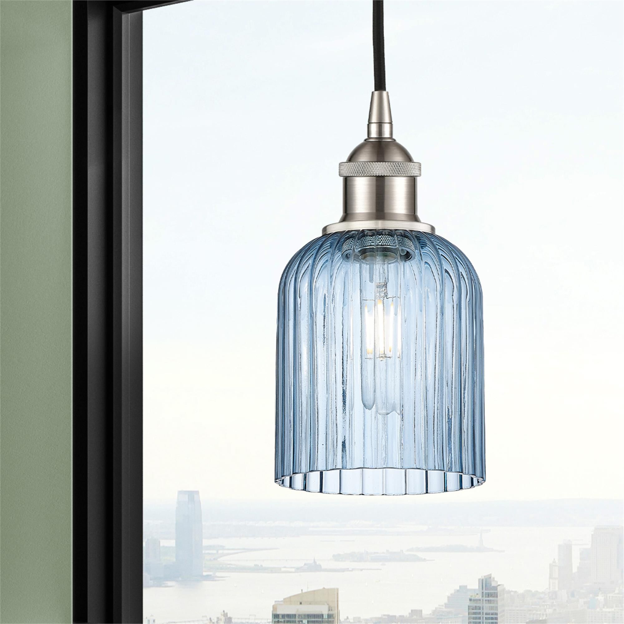 Shown in Satin Nickel finish and Princess Blue glass