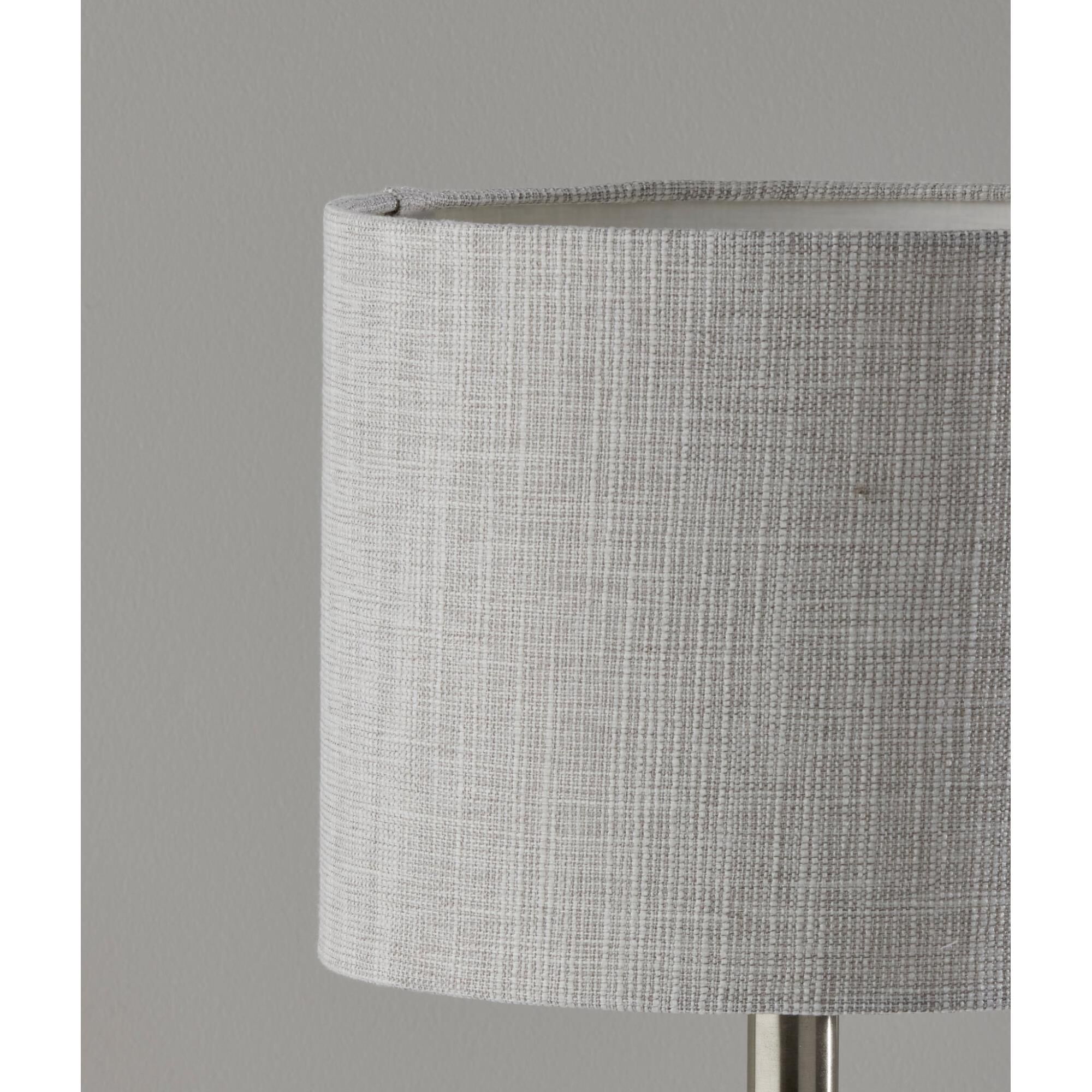 Shown in Brushed Steel finish and Light Grey/White Textured Fabric shade
