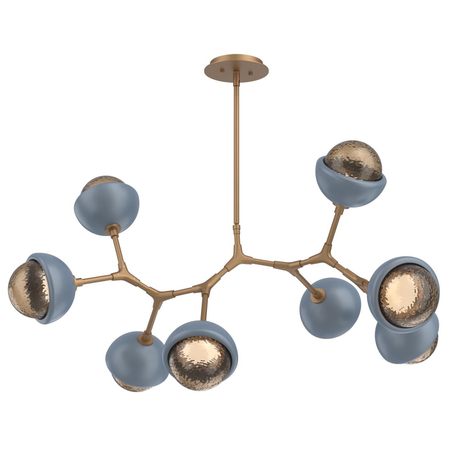 Shown in Novel Brass finish and Bronze glass and Poppy Blue accent