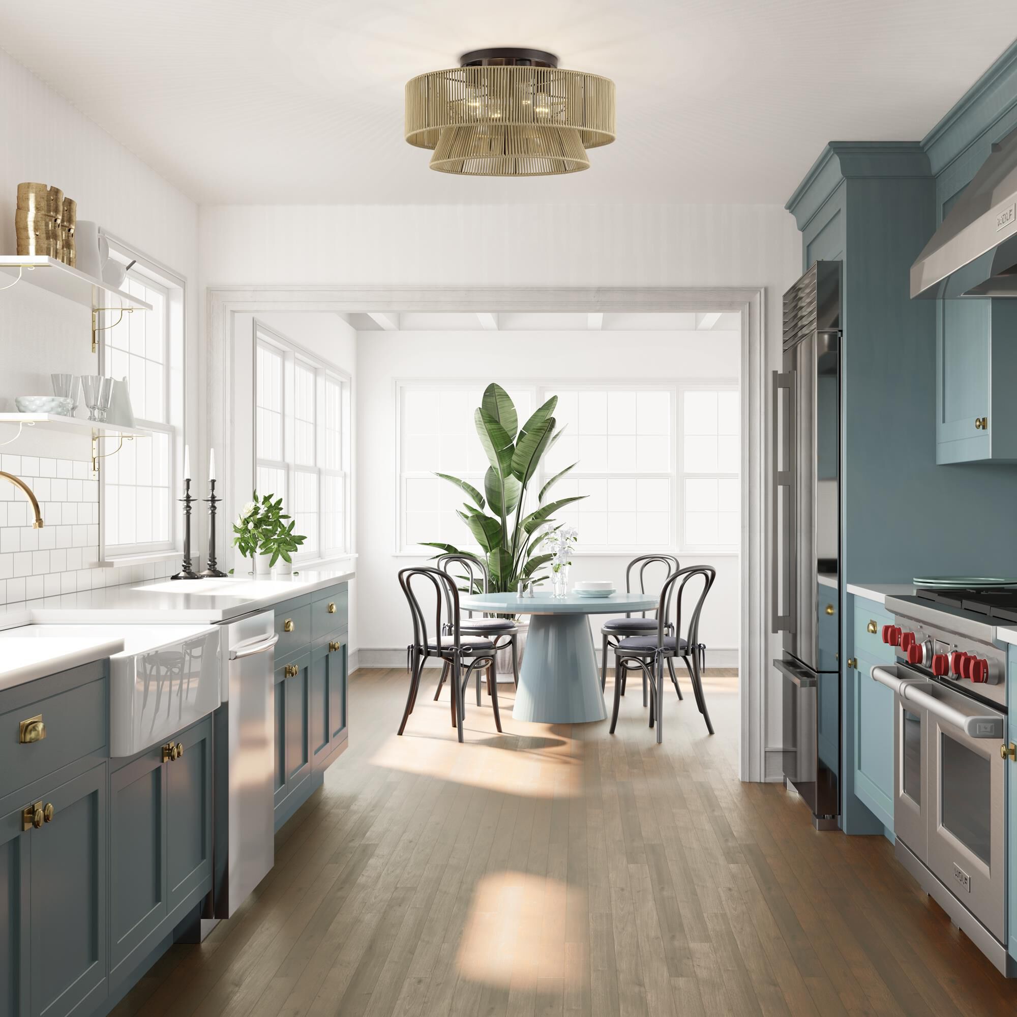 Shown in English Bronze finish and Hand-Woven Venetian Gold Color Polyester Rope shade