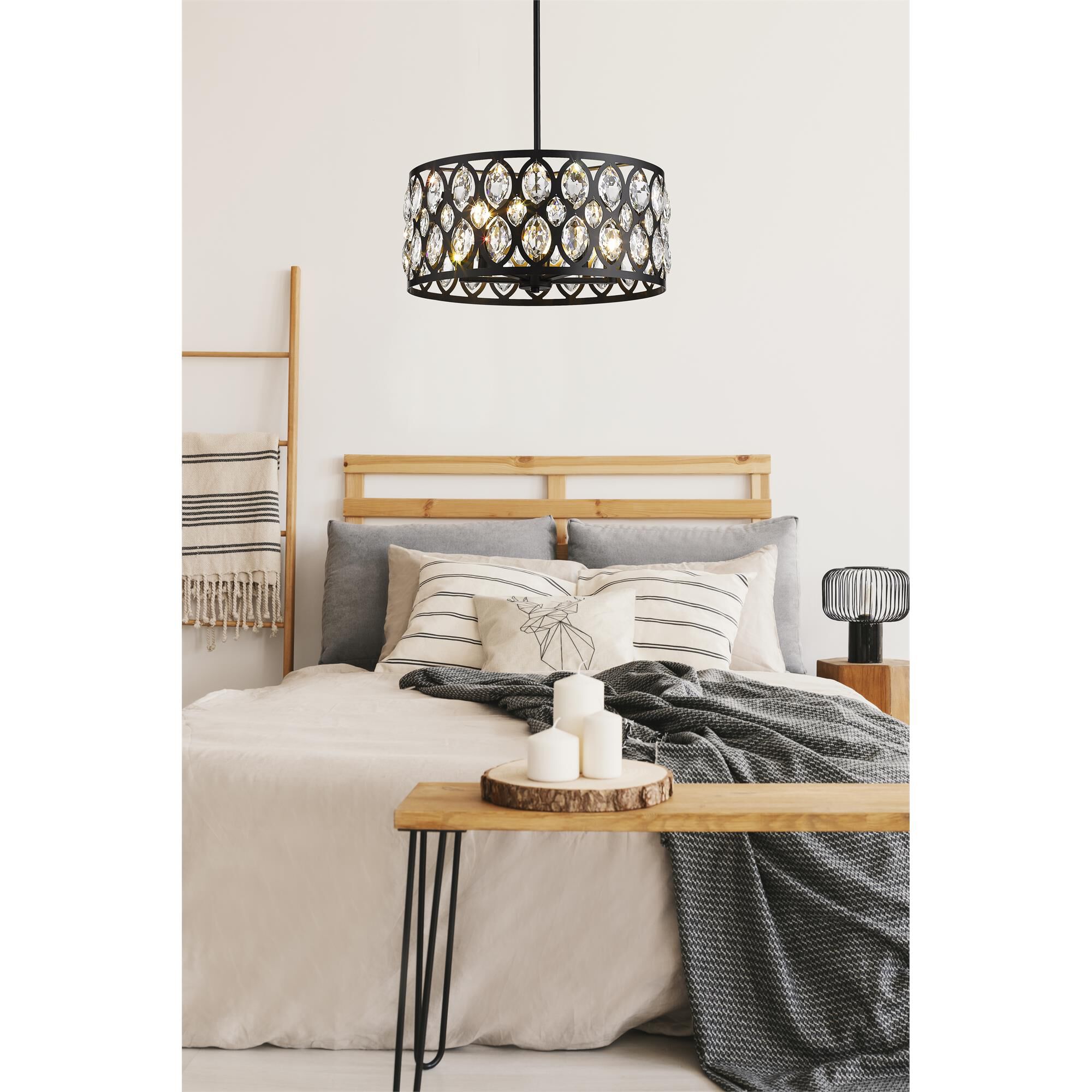 Shown in Matte Black finish and Steel + K9 Crystal glass and Steel + K9 Crystal shade