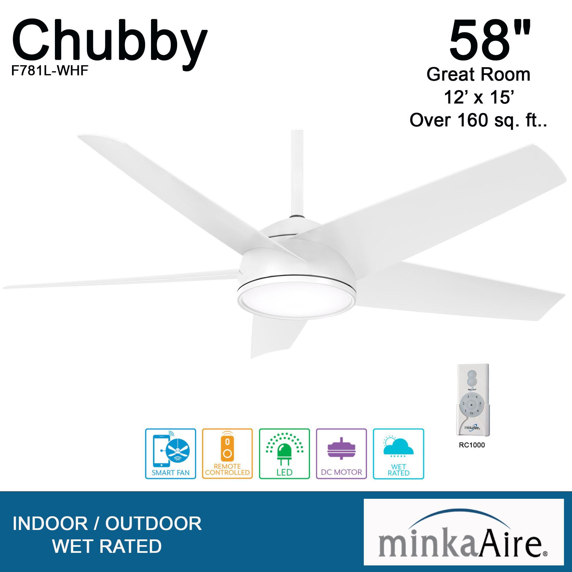 Chubby Outdoor Rated 58 Inch Ceiling Fan with Light Kit by Minka Aire