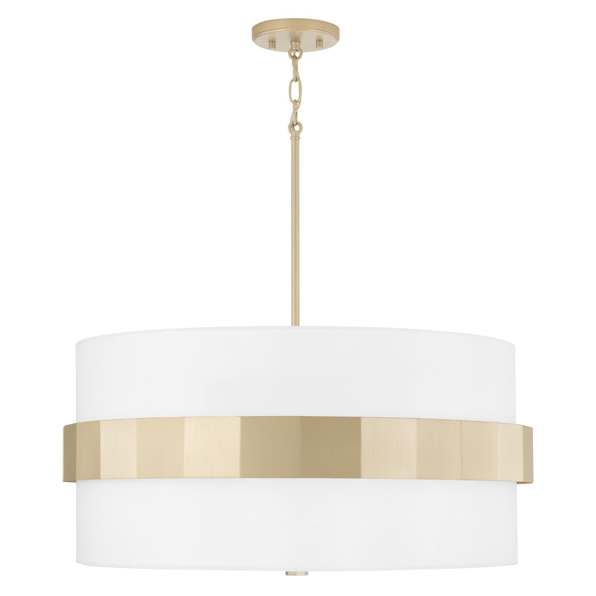Shown in Soft Gold finish and White Fabric shade