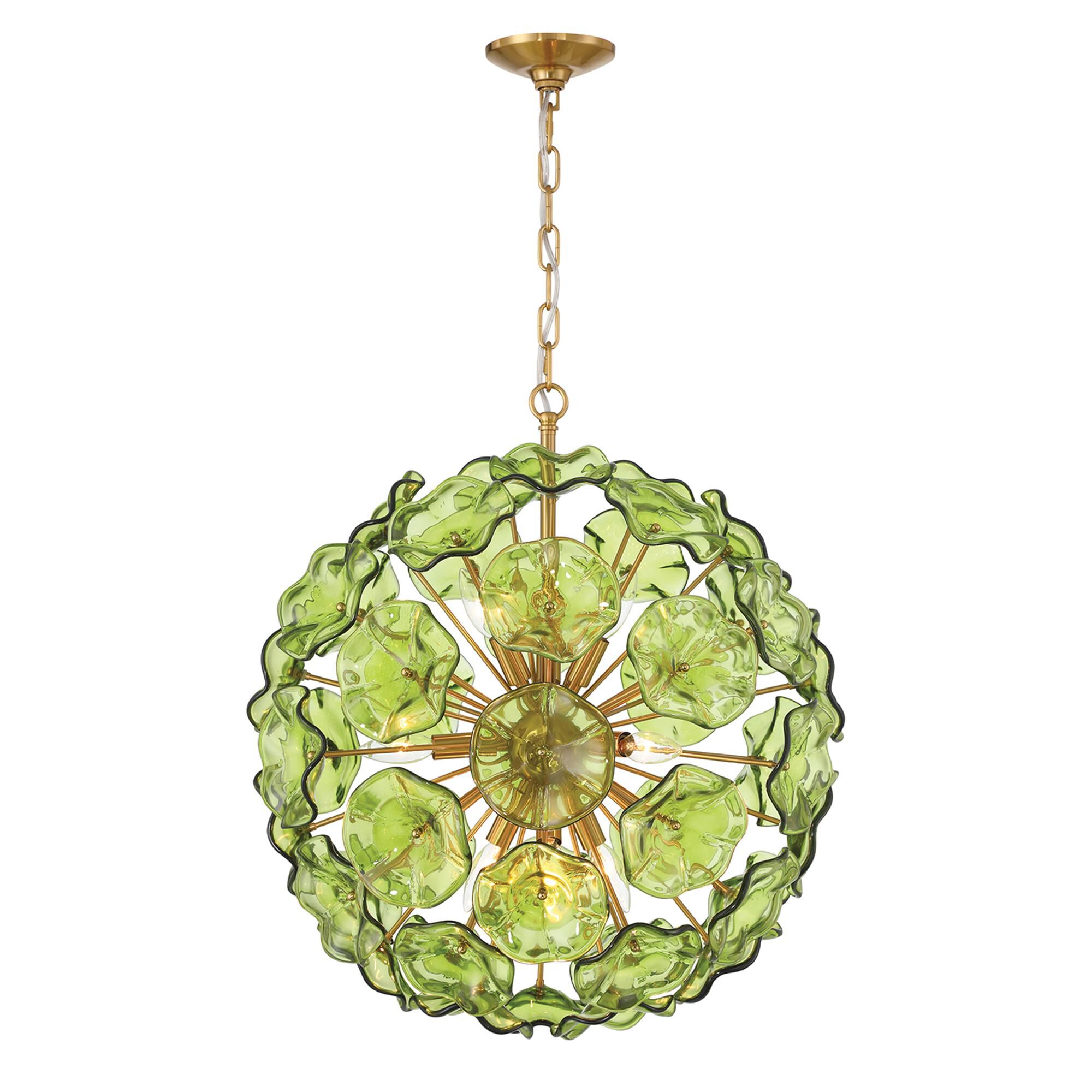 Shown in Aged Brass finish and Floral Petals Green glass