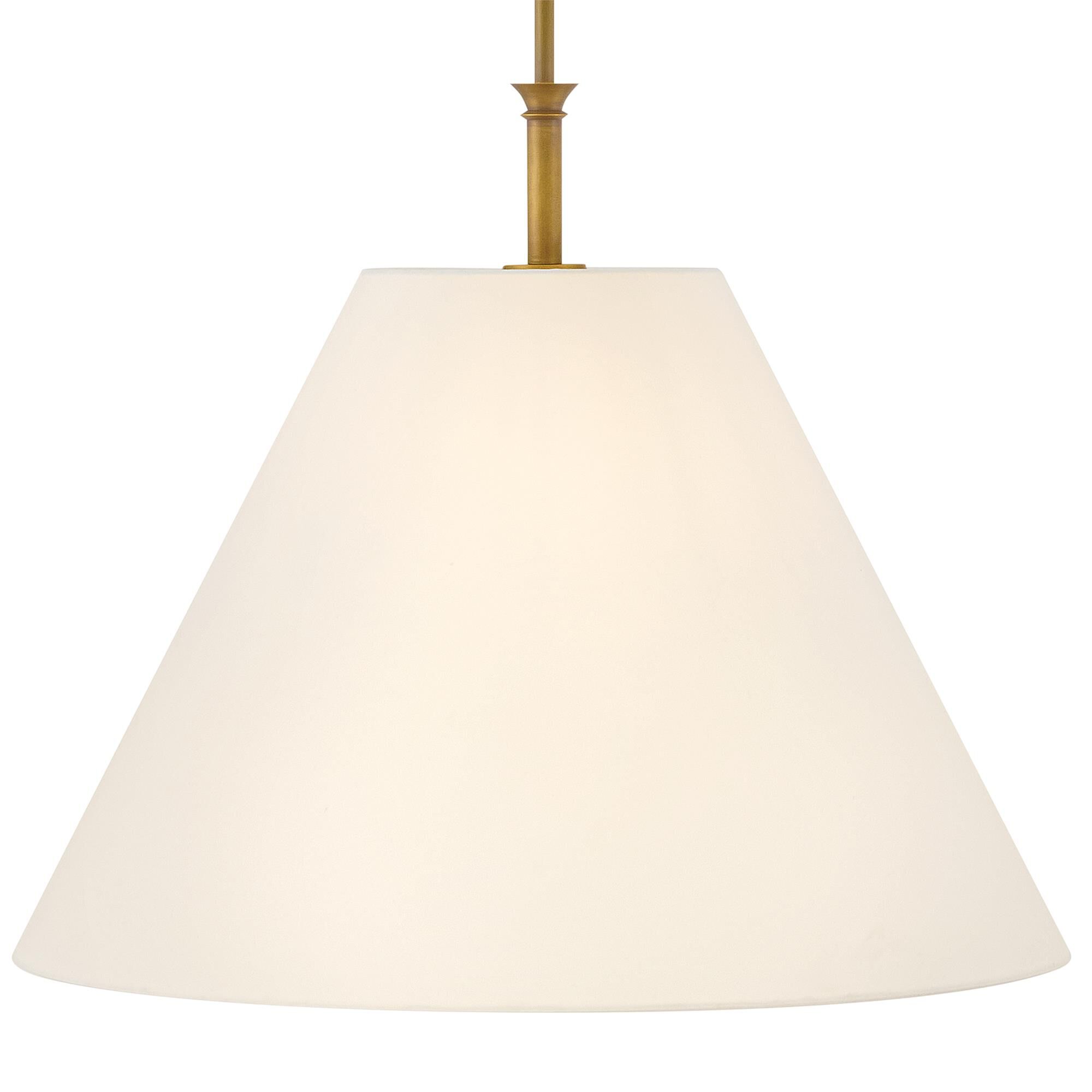 Shown in Heritage Brass finish and Off-White Linen shade