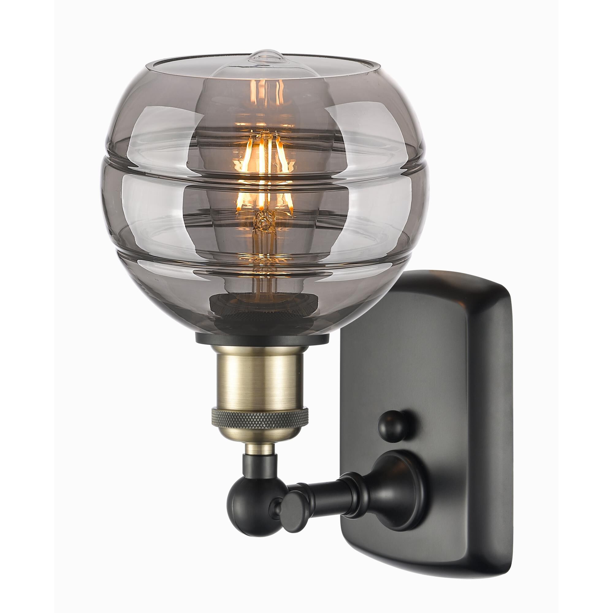 Shown in Black Antique Brass finish and Light Smoke glass
