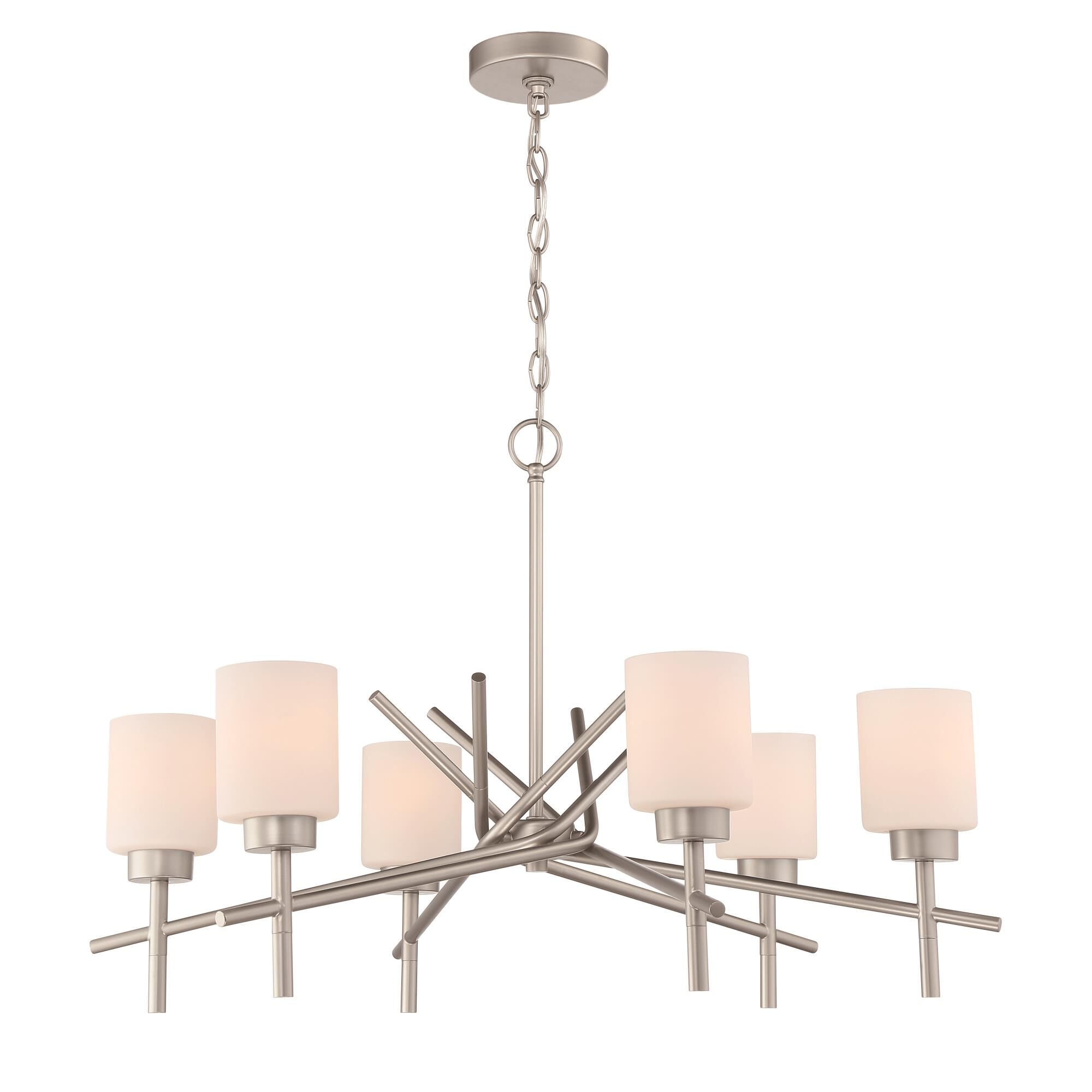 Shown in Satin Nickel finish and White Frosted glass and Glass shade