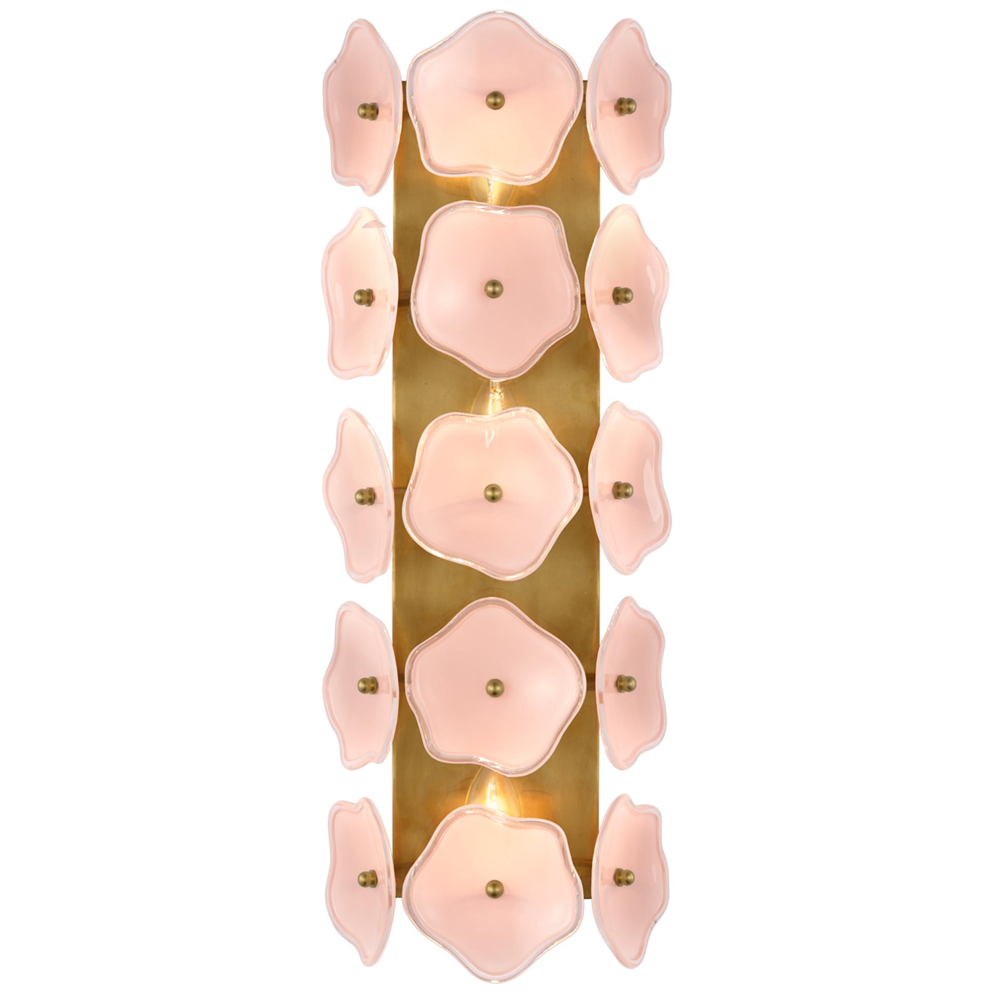 Shown in Soft Brass finish and Blush Tinted Glass shade