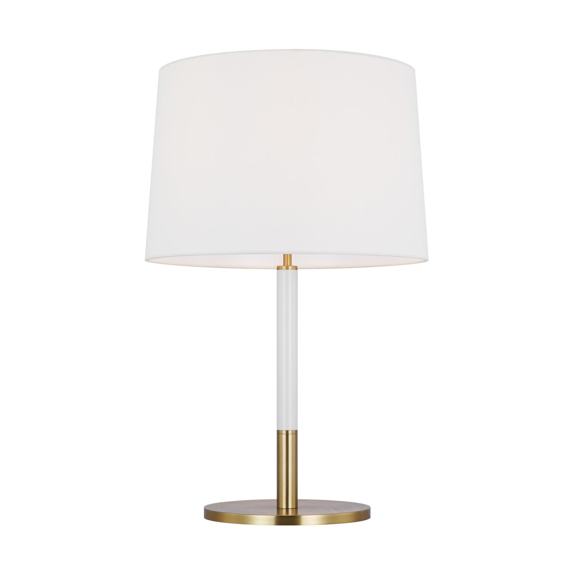 Shown in Burnished Brass finish and White Linen Fabric shade