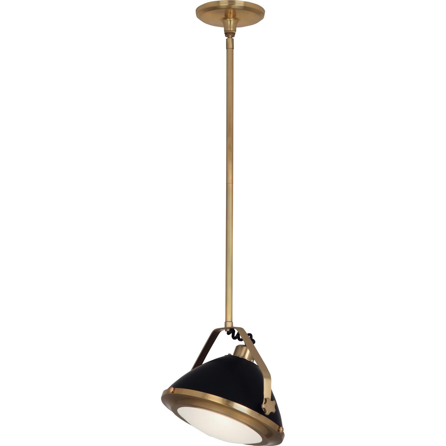 Shown in Antique Brass  With Matte Black Painted Accents finish and Matte Black Metal with Frosted Glass Diffuser shade