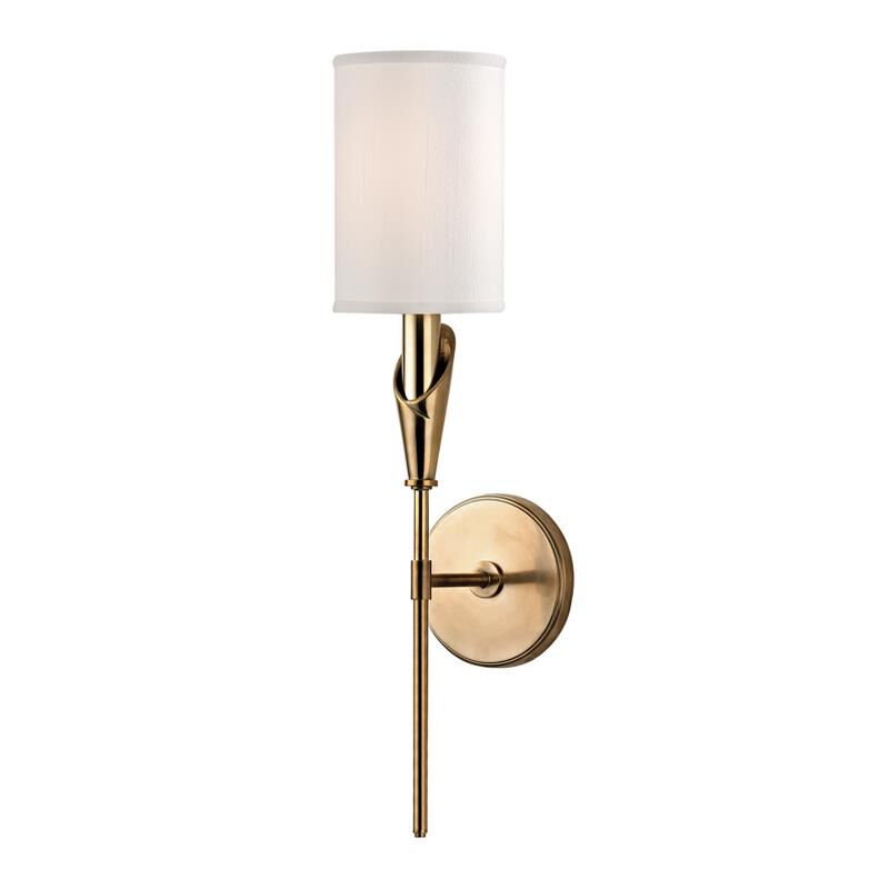 Shown in Aged Brass finish and White Faux Silk shade