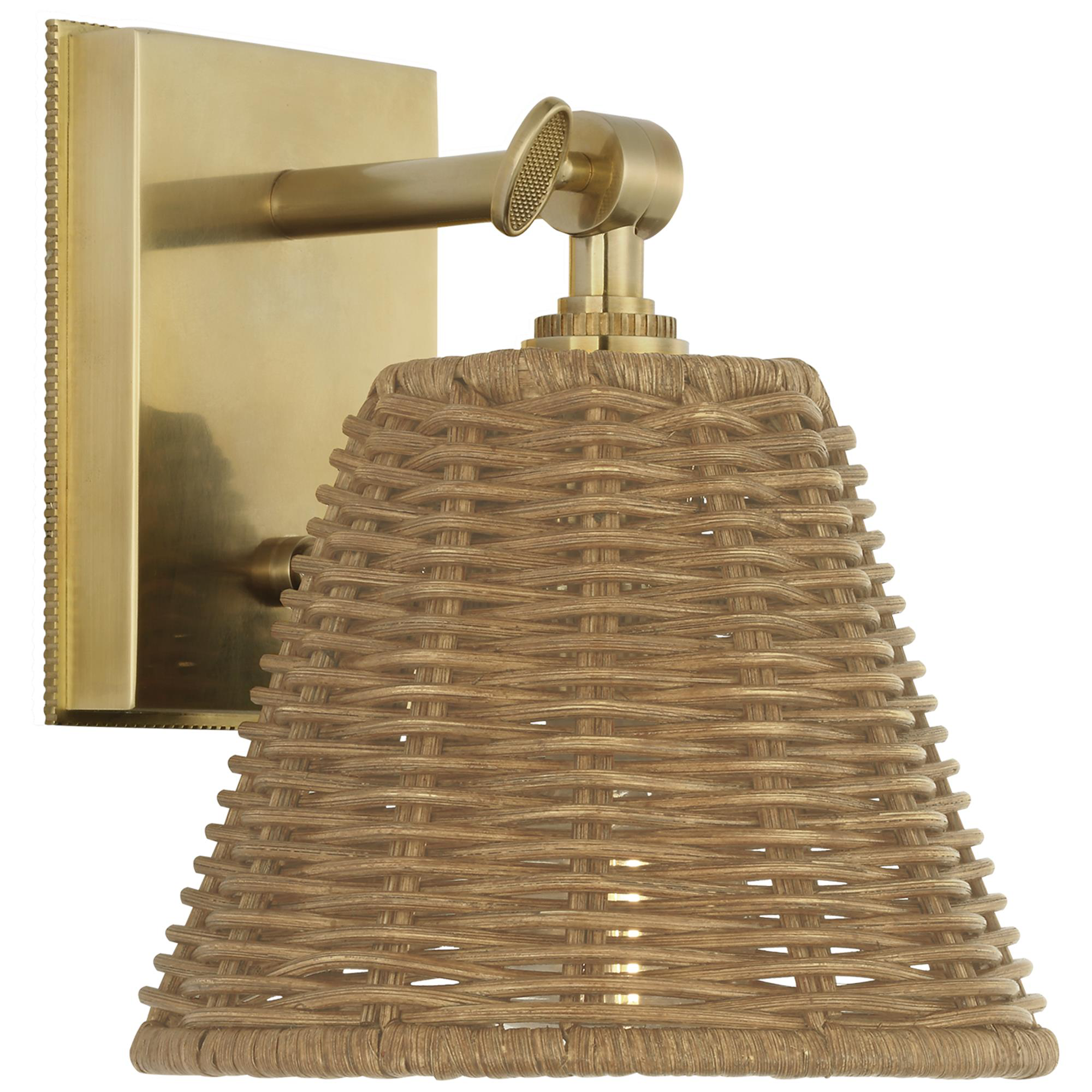 Shown in Soft Brass finish and Natural Wicker shade
