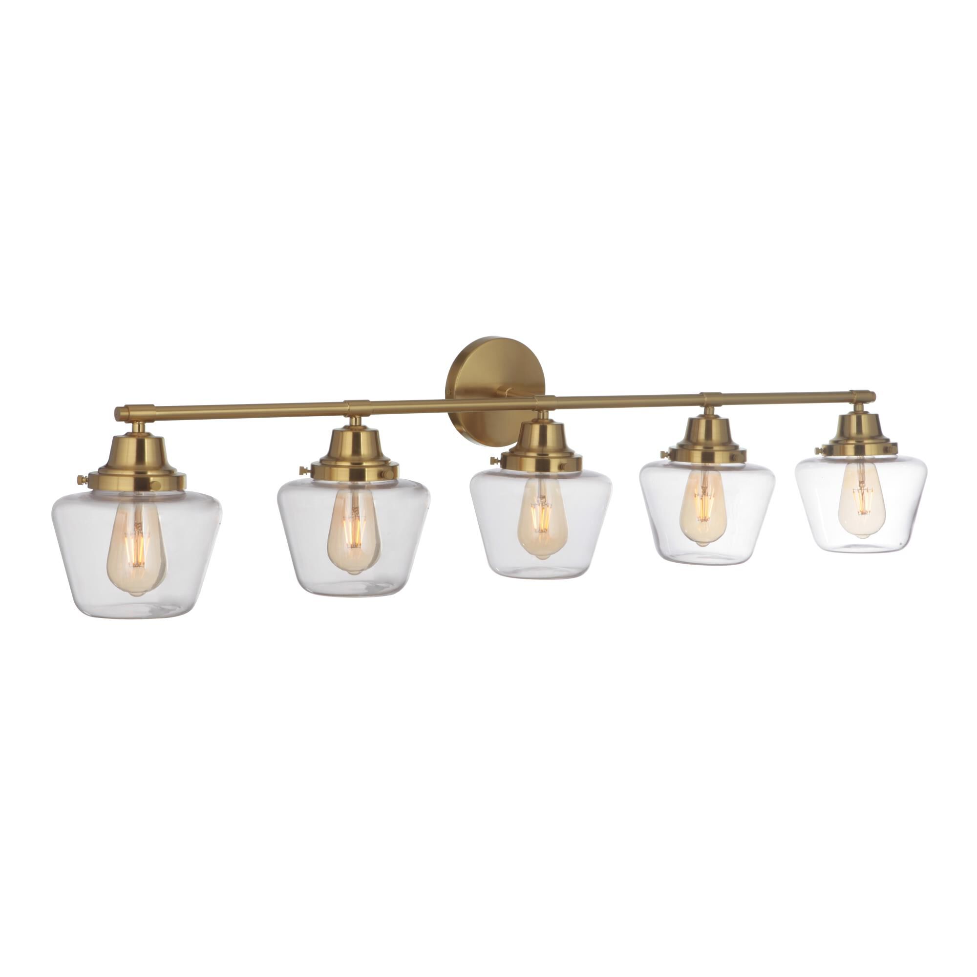 Shown in Satin Brass finish and Clear glass and Glass shade