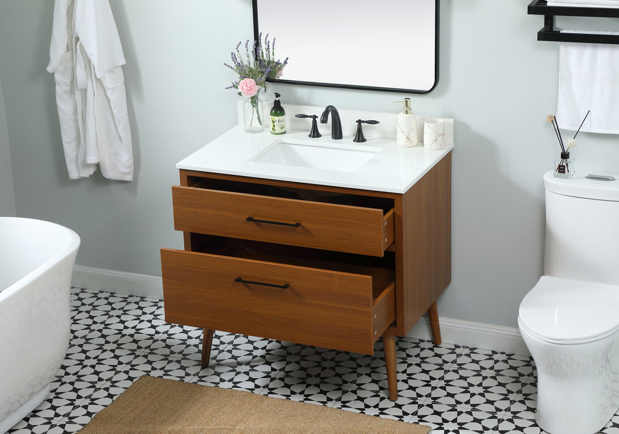 Shown in Teak finish and With Backsplash accent