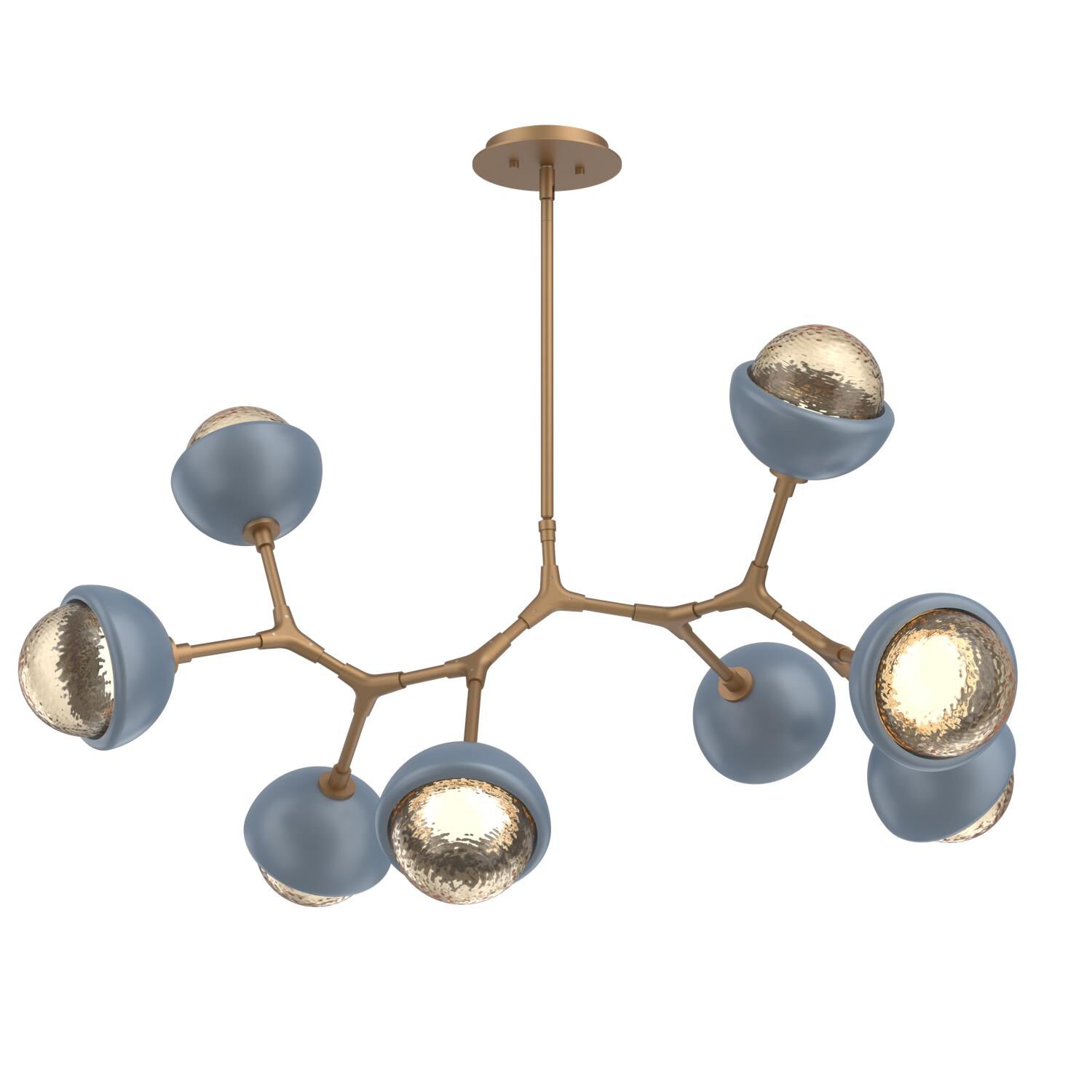 Shown in Novel Brass finish and Amber glass and Poppy Blue accent