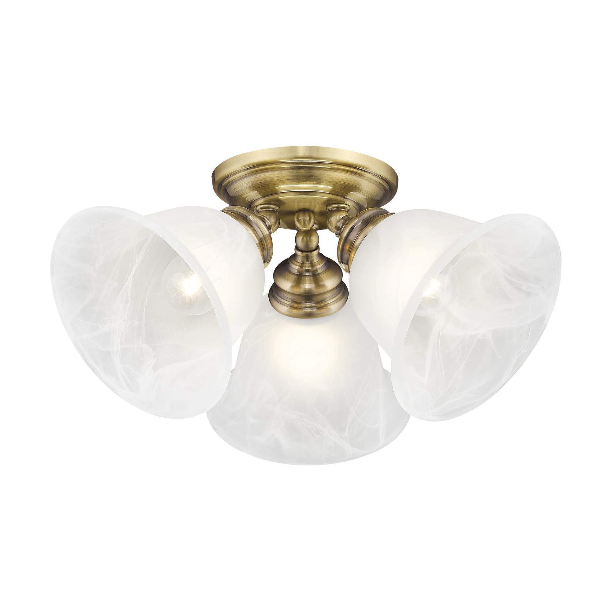 Shown in Antique Brass finish and White Alabaster glass