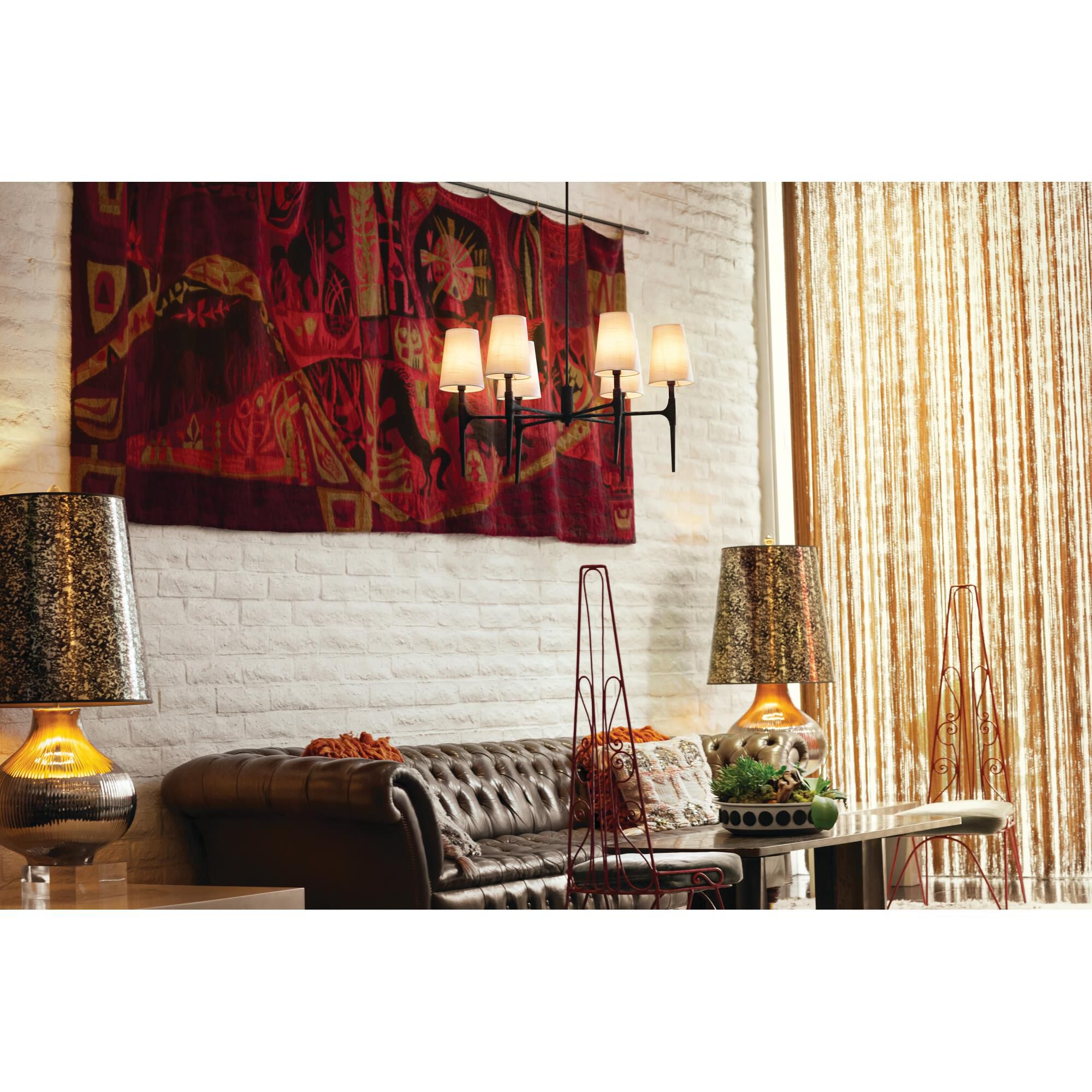 Shown in Black finish and Etched Opal glass and Off White Linen shade