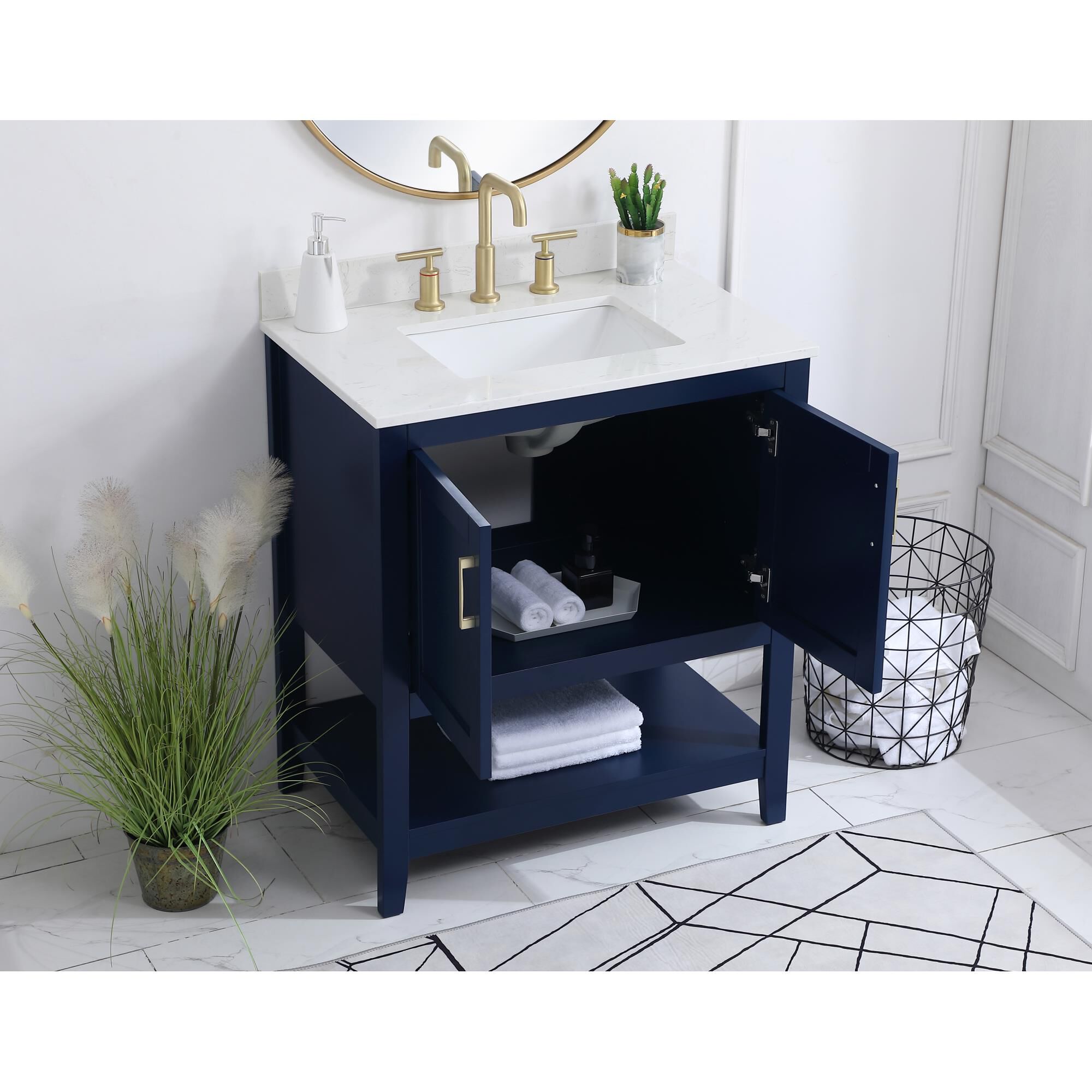 Shown in Blue And Gold With Calacatta Quartz finish