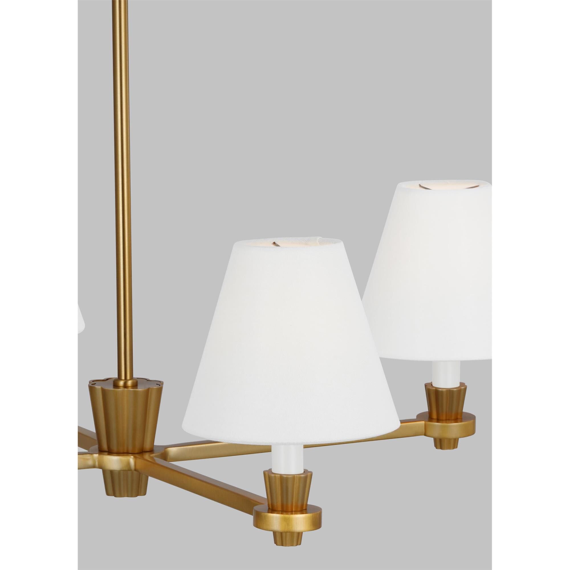 Shown in Burnished Brass finish and White Linen Fabric s shade