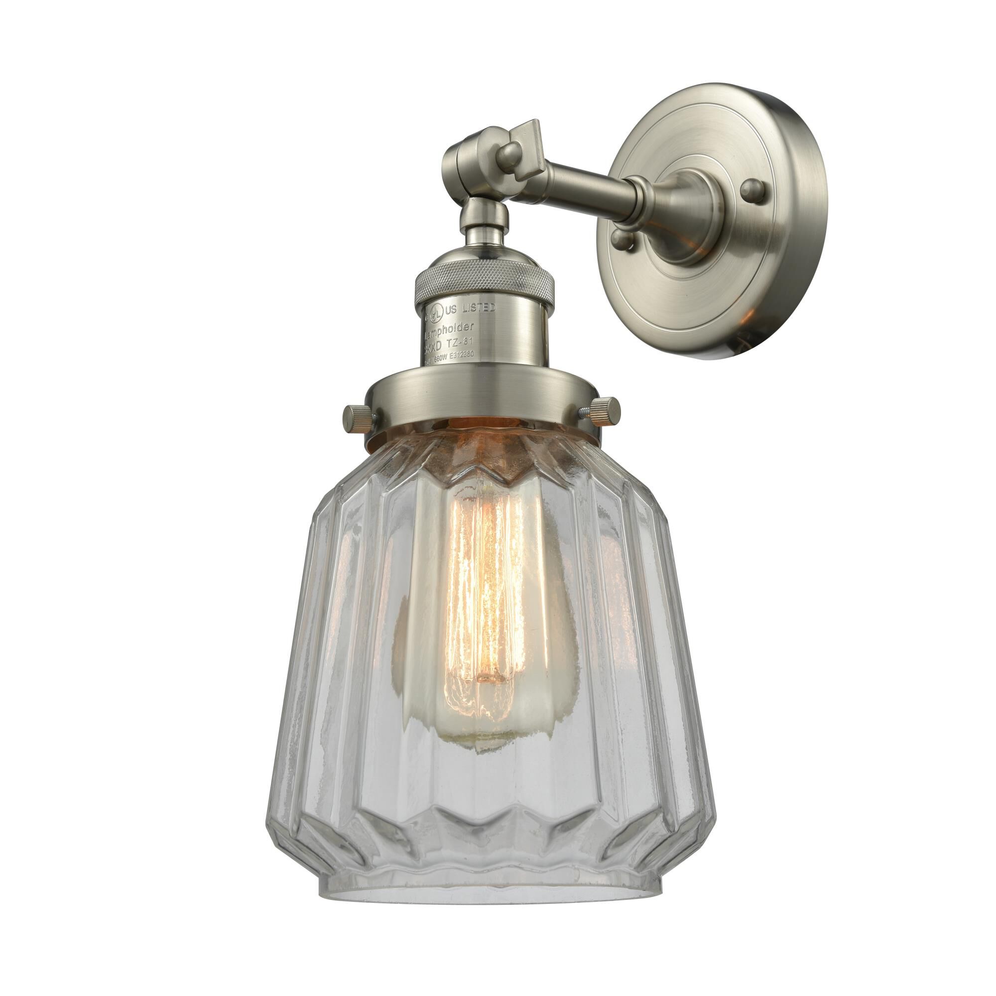 Shown in Brushed Satin Nickel finish and Clear Fluted glass