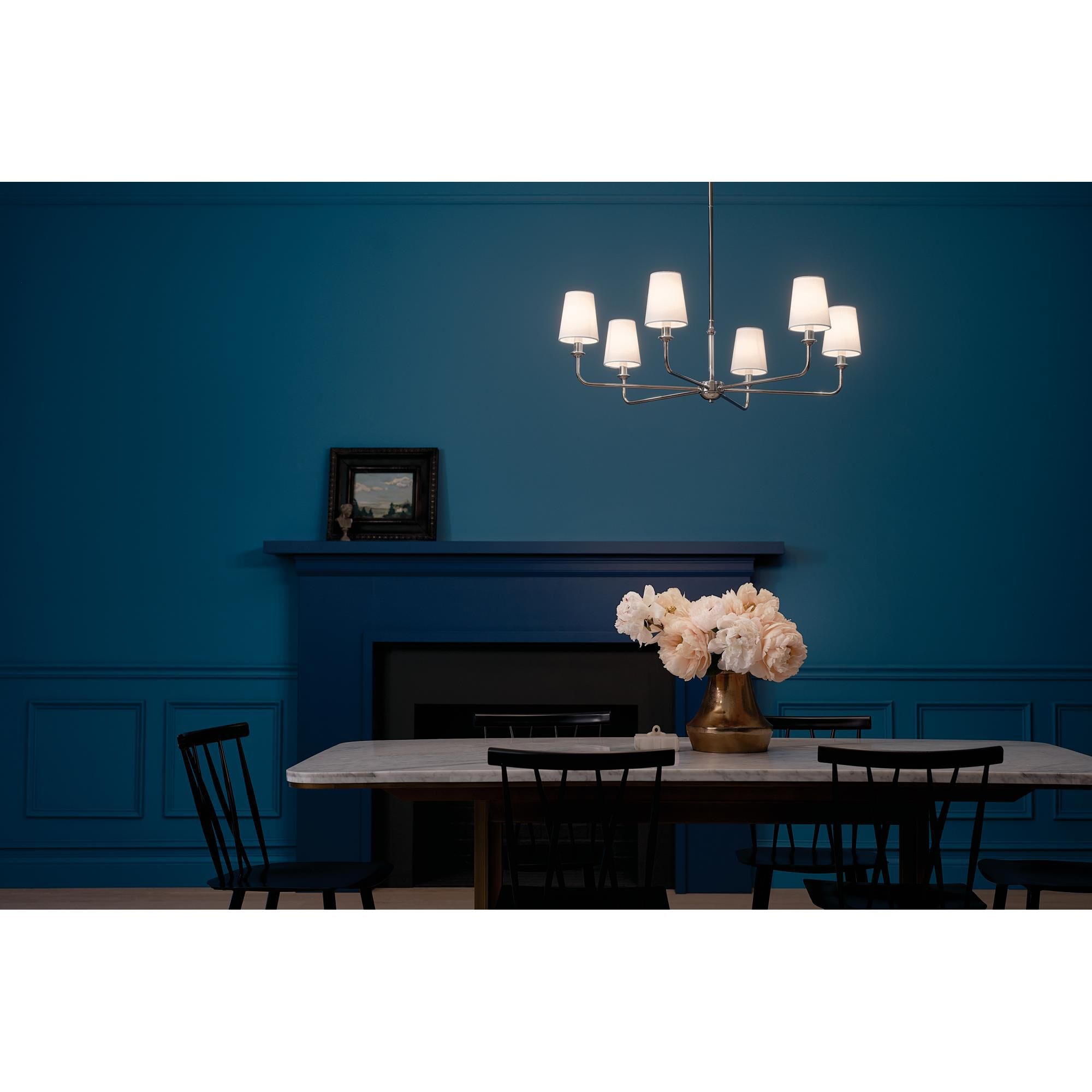 Shown in Polished Nickel finish and Fabric and Bell shade