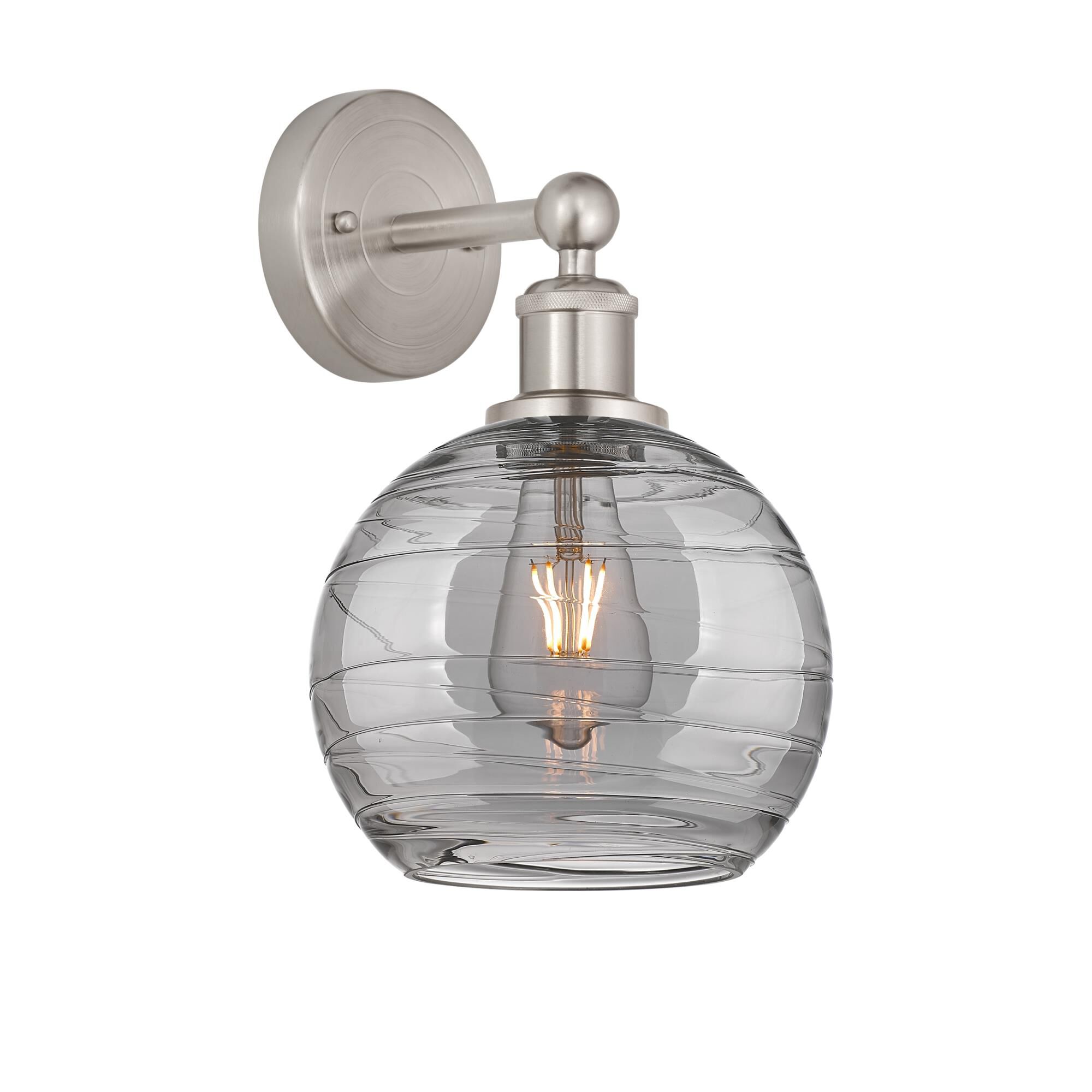 Shown in Satin Nickel finish and Light Smoke Deco Swirl glass