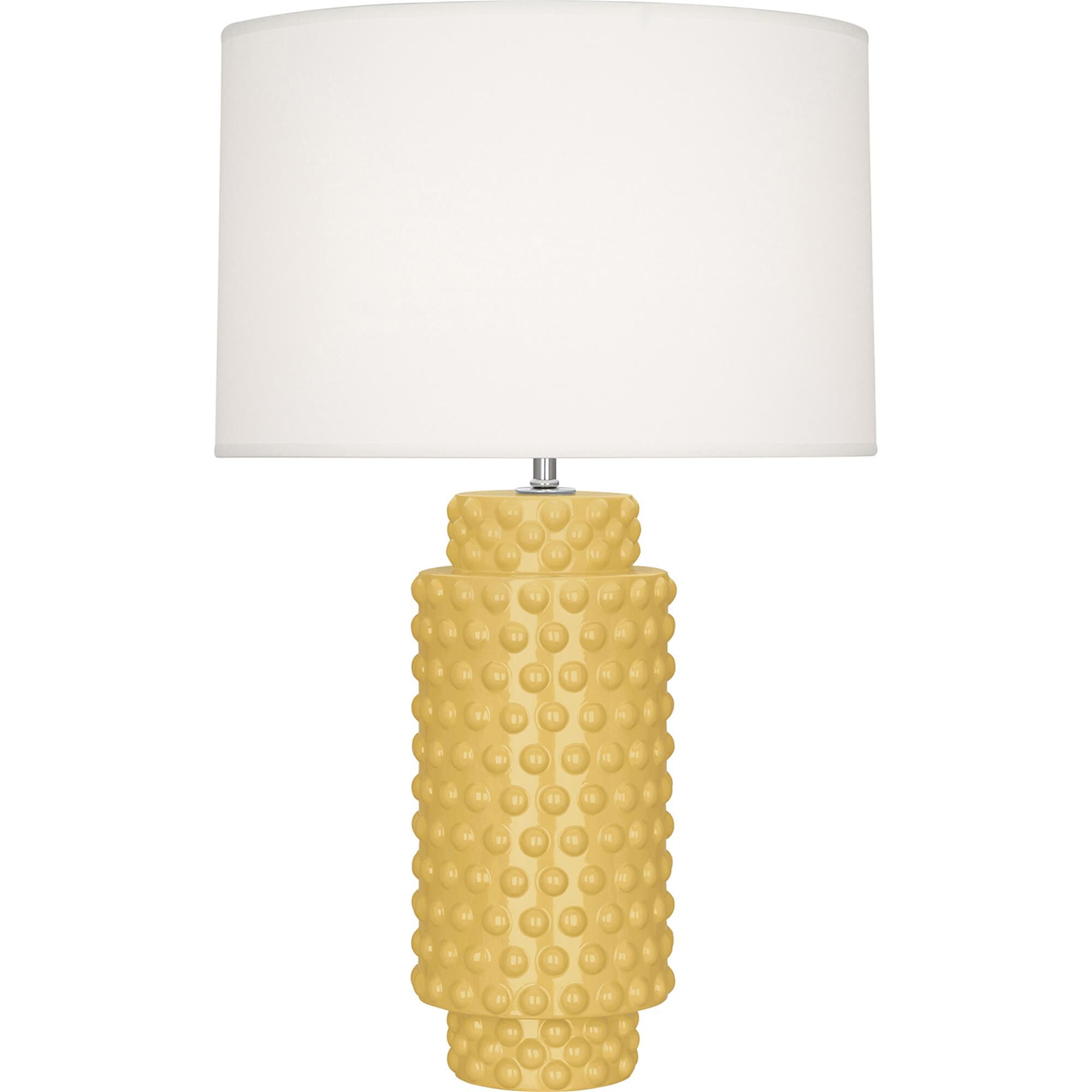 Shown in Sunset Yellow Glazed Textured Ceramic finish and Fondine Fabric shade