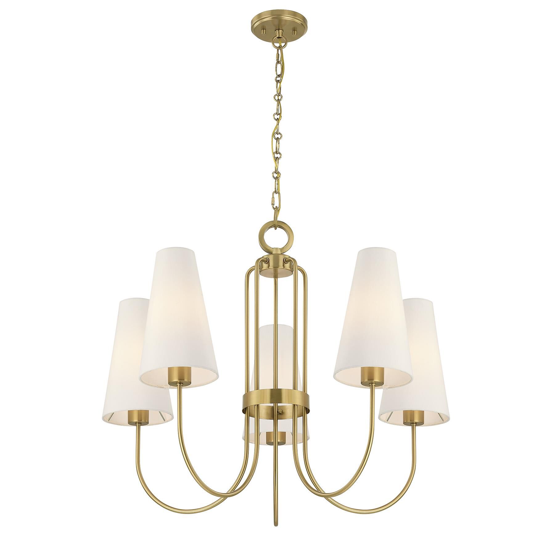 Shown in Warm Brass finish and White Fabric shade