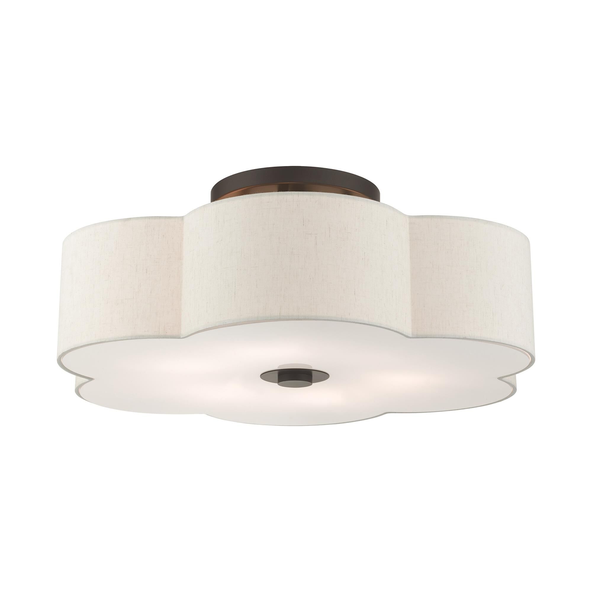 Shown in English Bronze finish and Hand Crafted Hardback Scalloped  Completely Finished With Oatmeal Color Fabric Outside and Inside shade