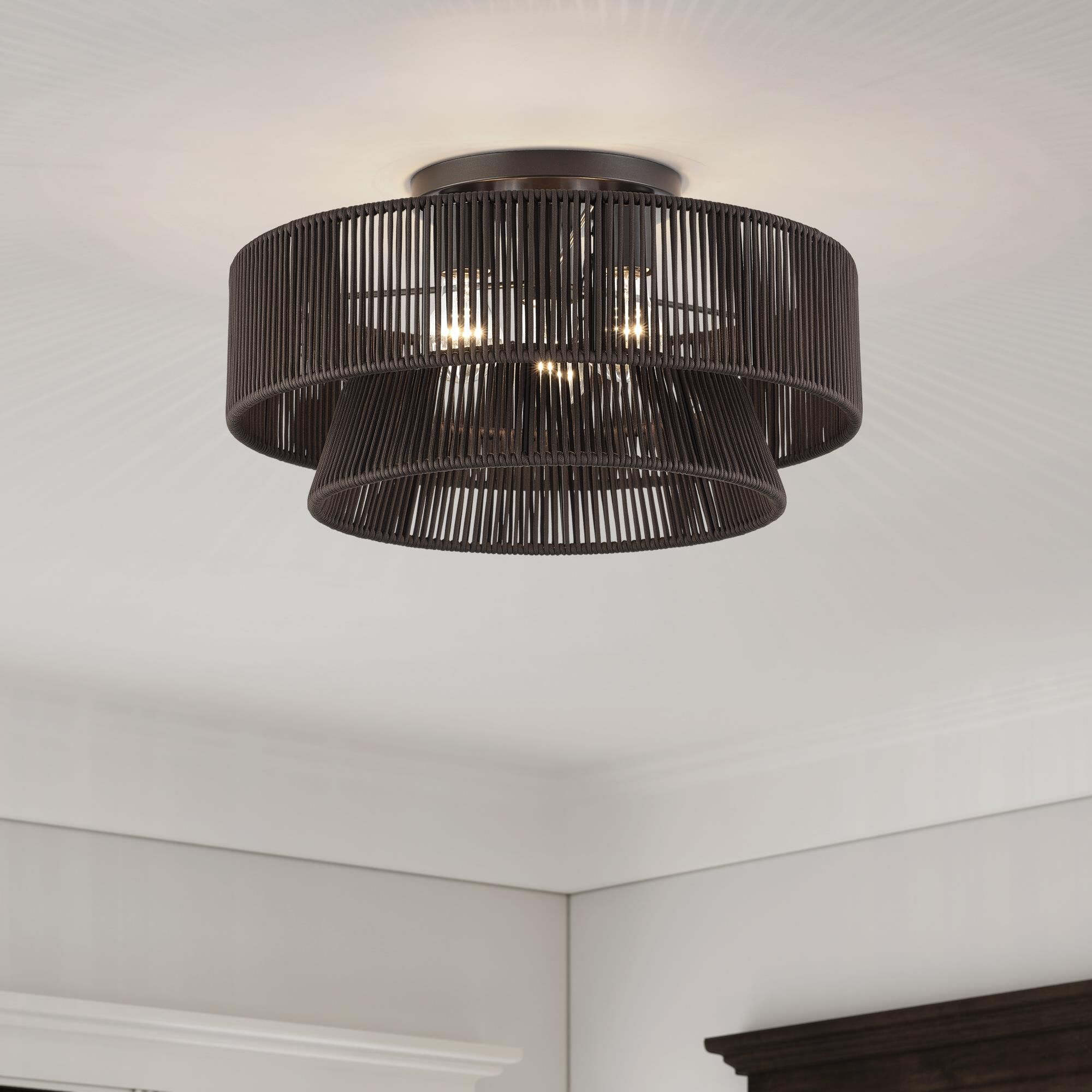 Shown in English Bronze finish and Hand-Woven Dark Chocolate Color Polyester Rope shade