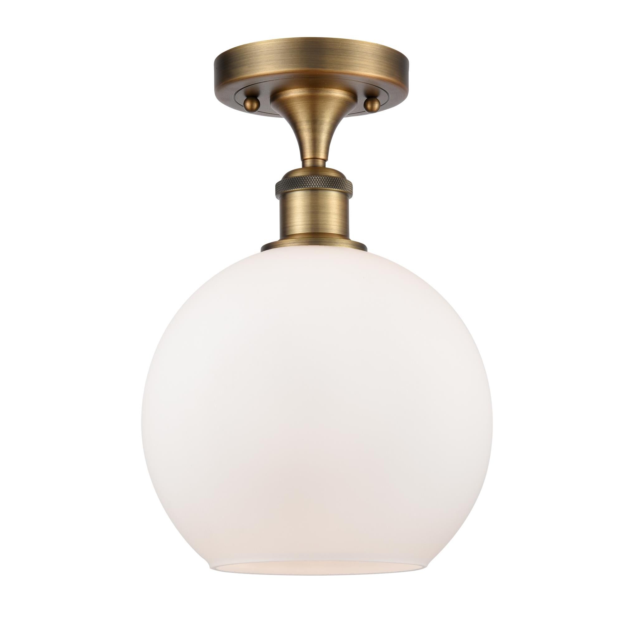 Shown in Brushed Brass finish and Sphere glass and Glass shade