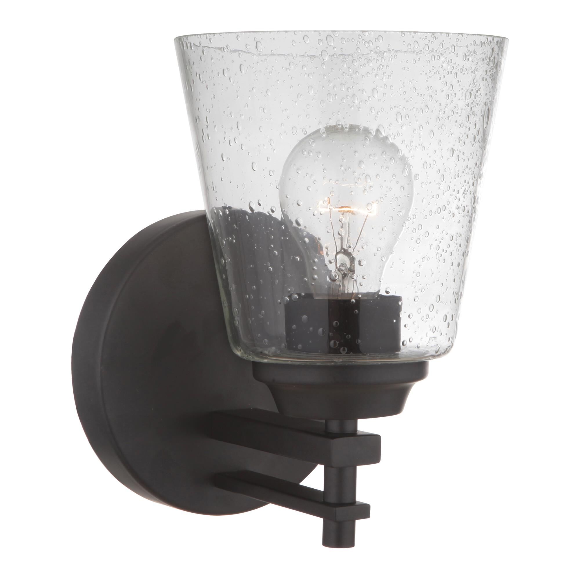 Shown in Flat Black finish and Clear Seeded glass and Glass shade