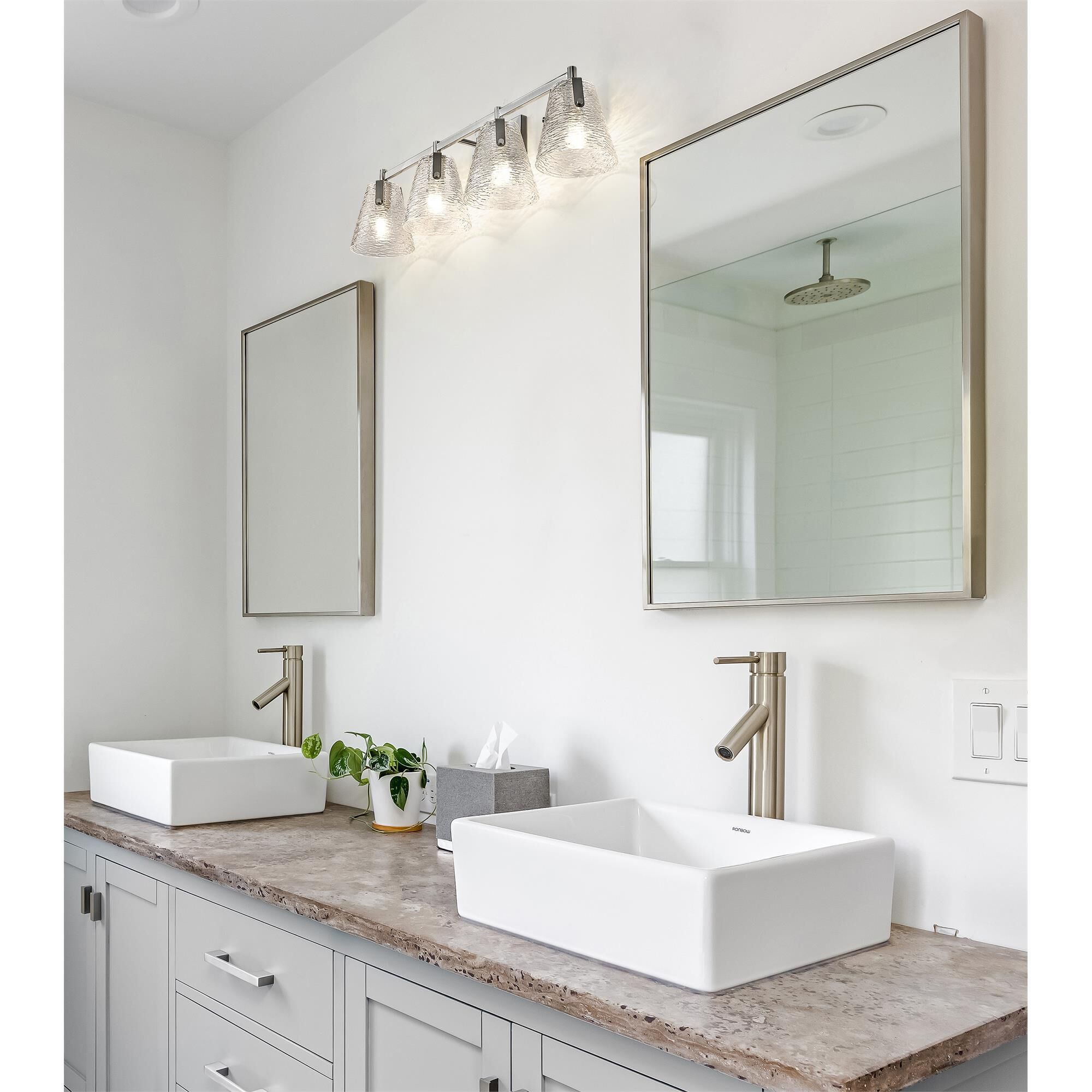 Shown in Brushed Nickel finish and Clear Ribbed glass
