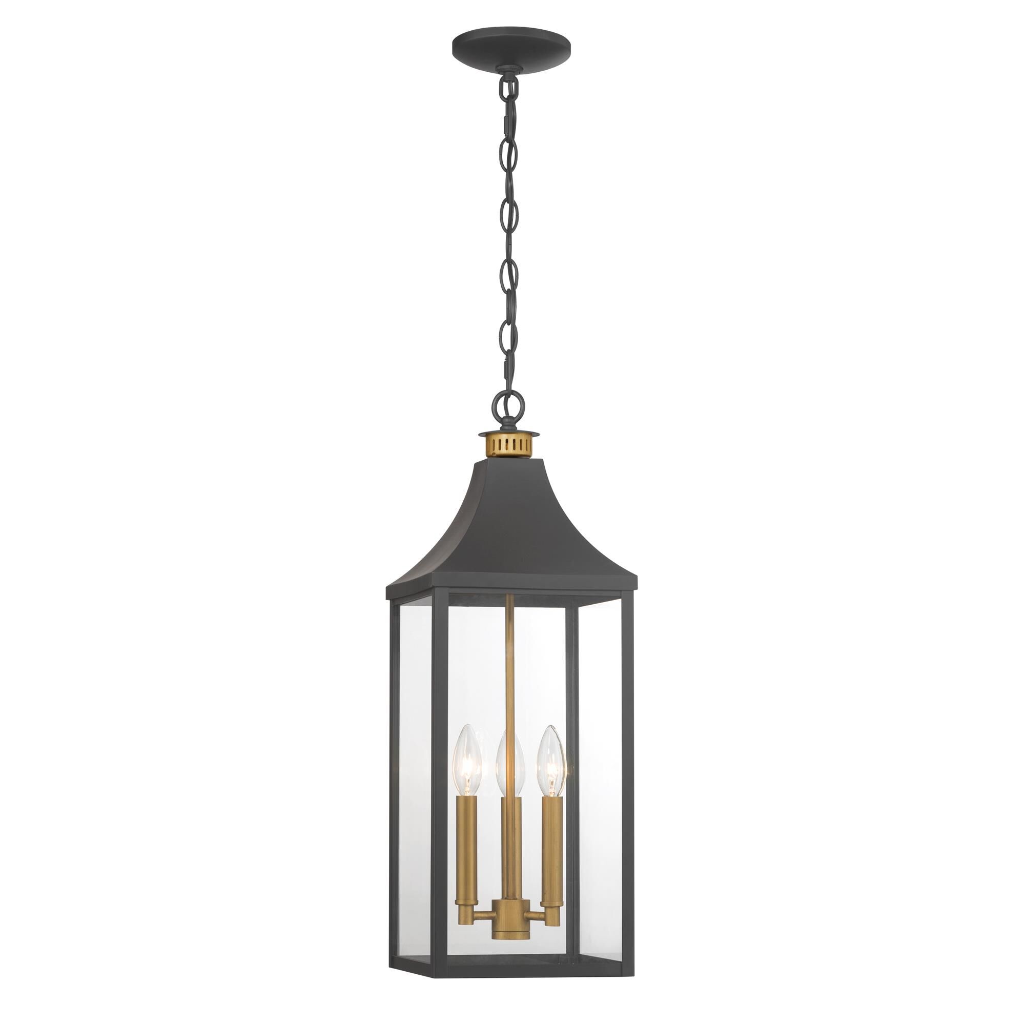 Shown in Dark Matte Black and Painted Legacy Brass finish and Clear glass