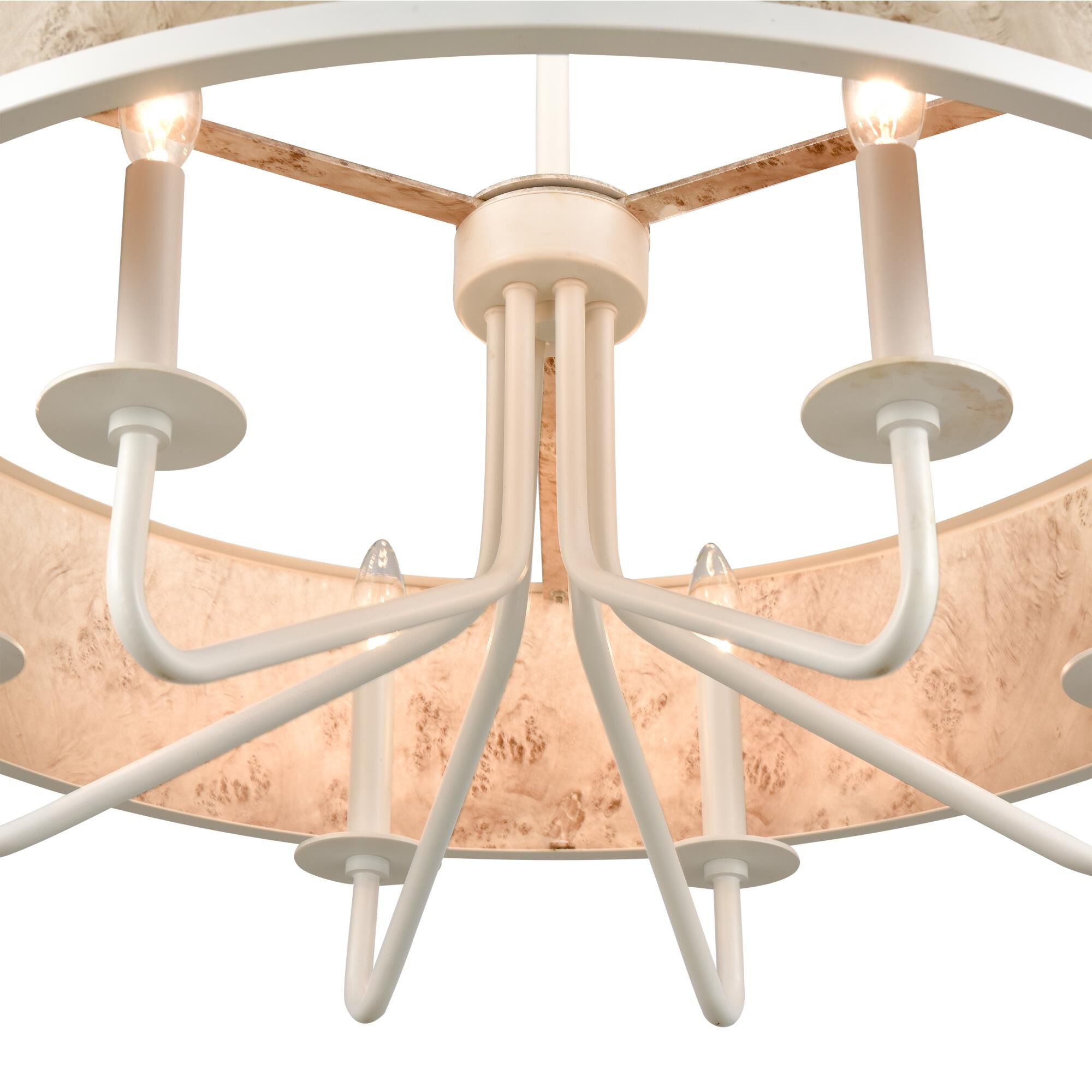 Shown in Matte White finish and Printed Bleached Burlwood Metal Shade glass and Printed Bleached Burlwood Metal shade