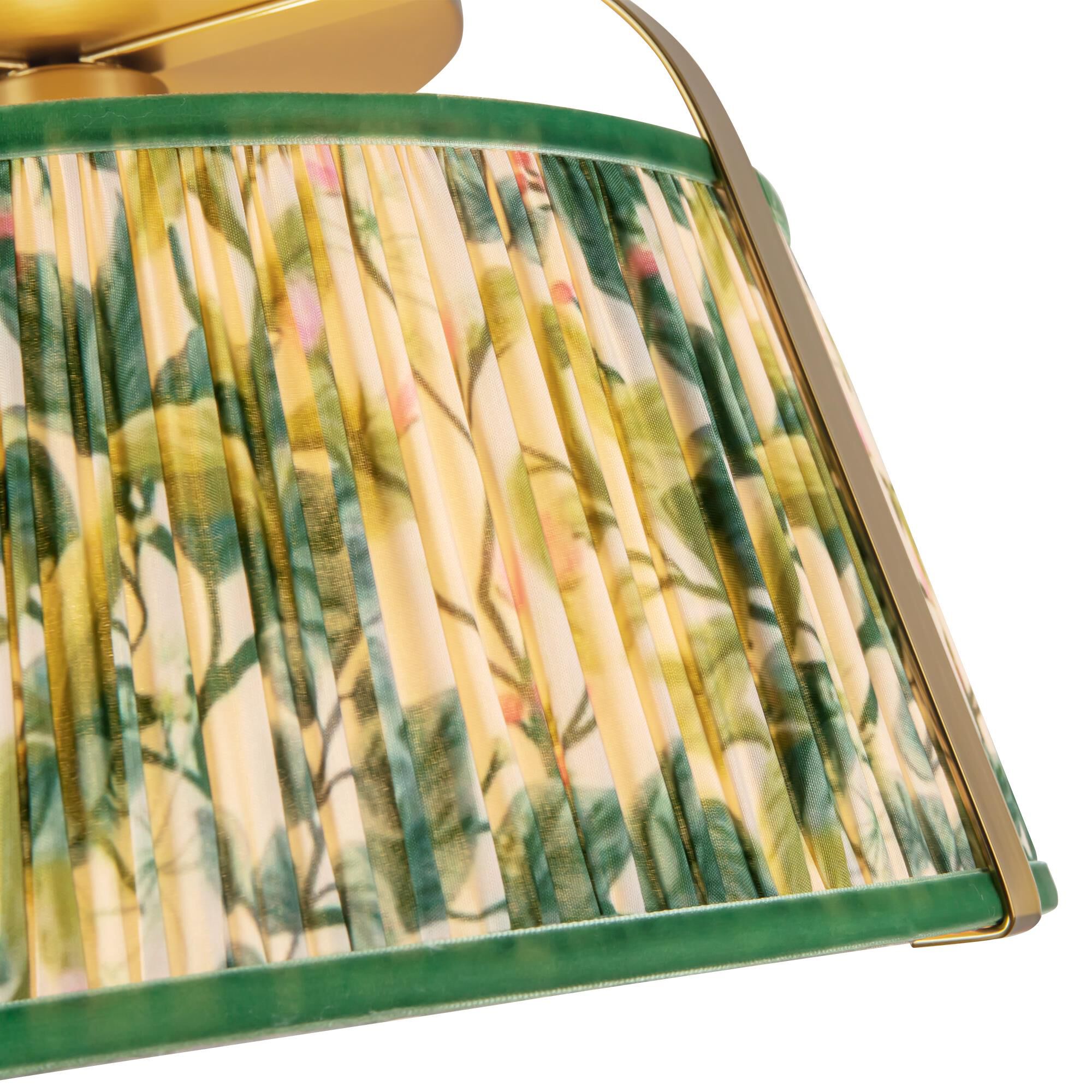 Shown in Brushed Gold finish and Frosted Polycarbonate Diffuser glass and Green Linen shade